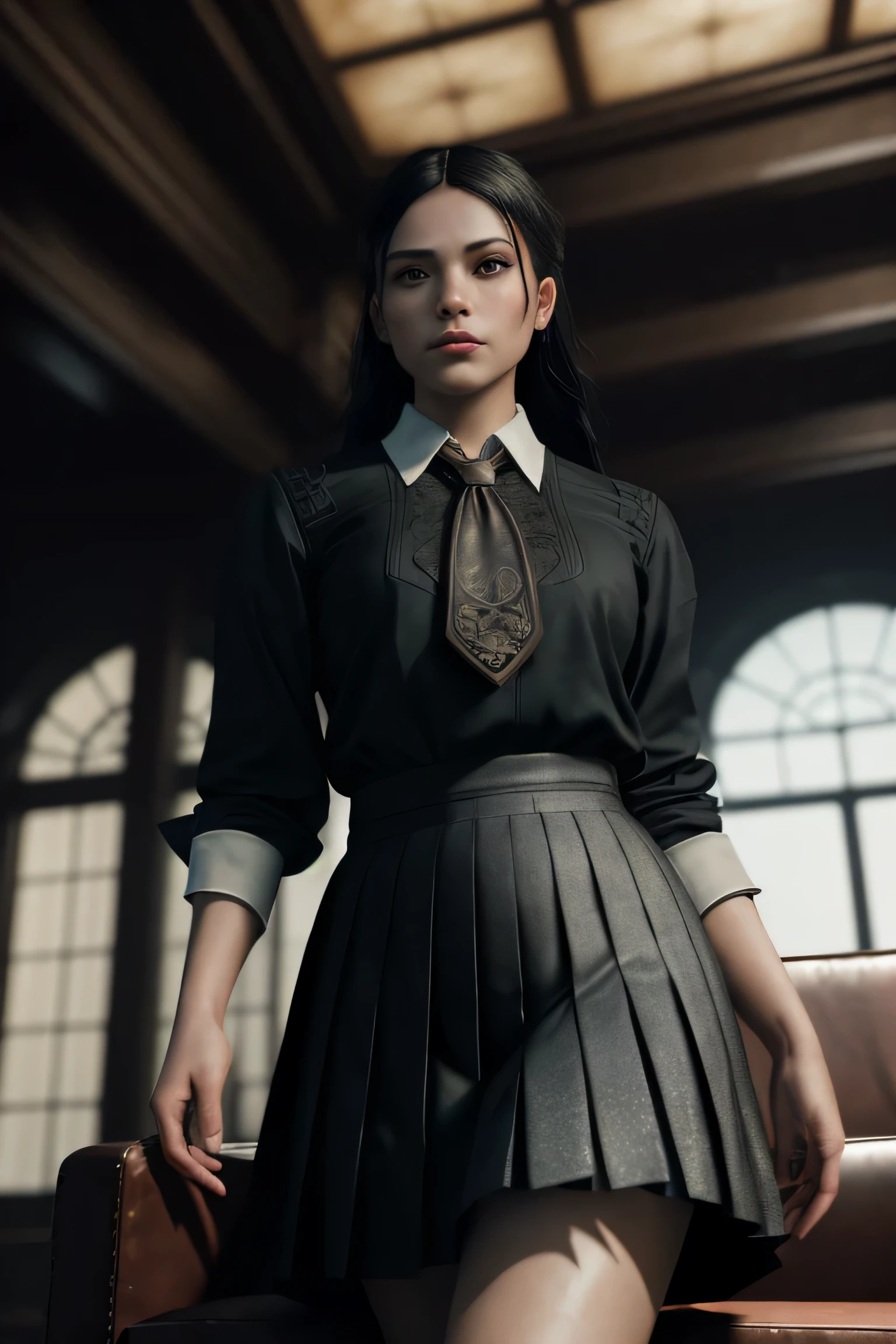 (masterpiece), (extremely intricate:1.3), (realistic), a girl, (dark fantasy, gore), (dynamic perspective), the most beautiful in the world, (kick viewers lightly), indoors, from below, shirt, tie, pleated skirt, smirk, on the couch, Aomori, Haifa, professional photograph of a stunning woman detailed, sharp focus, dramatic, award winning, cinematic lighting, octane render unreal engine, volumetrics dtx, (film grain, blurry background, blurry foreground, depth of field)