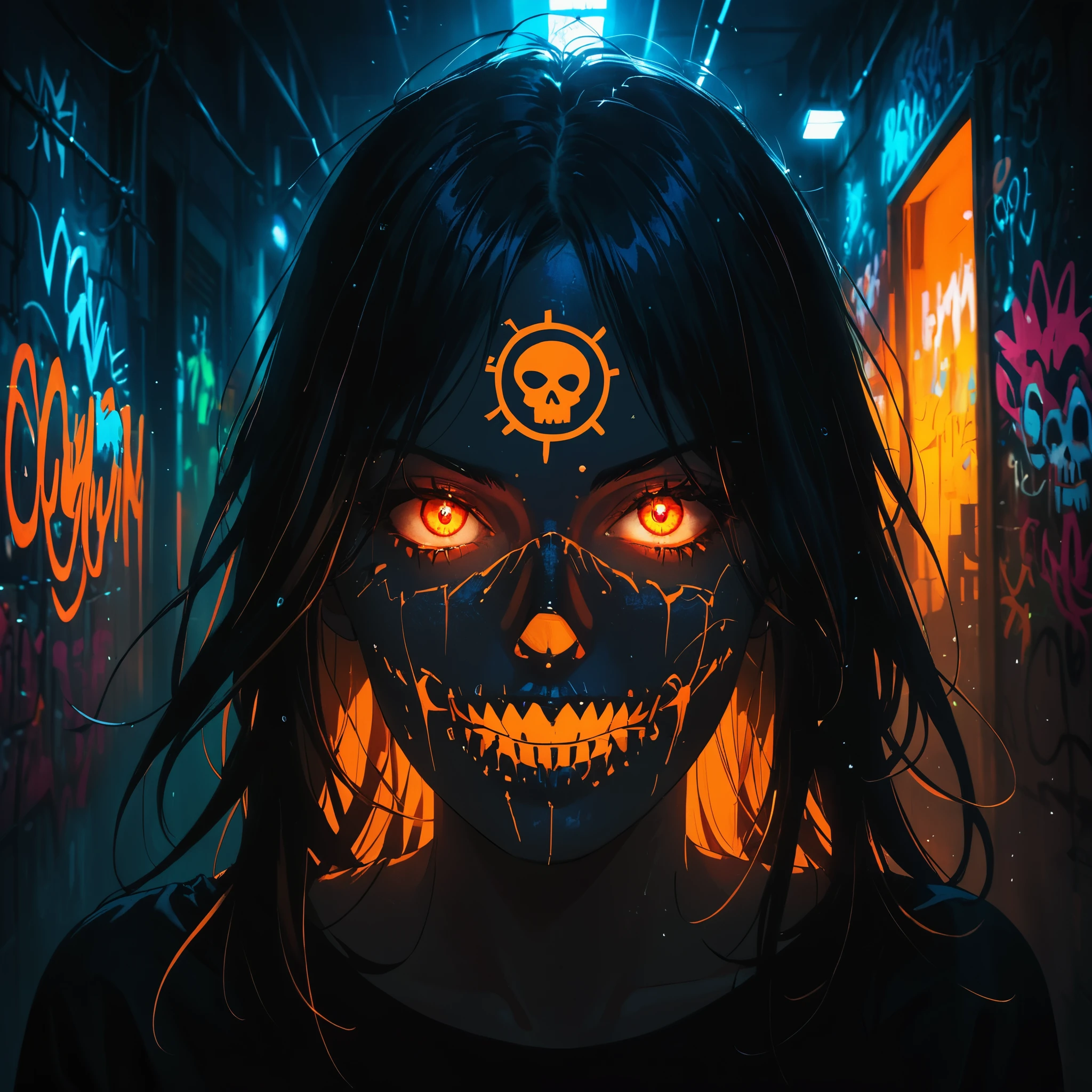 (Portrait of a mysterious giant eye), indoor, Fluorescent illumination, (((Darkness shrouded,black background,shadow, extreme darkness,Dark atmosphere))), Wall background, (Fluorescent orange Skull pattern graffiti:1.8), 1girl, Oversized black T-shirt, big Breast, Waistless T-shirt, orange fluorescent hair, Fluorescent orange eyes, long hair, Messy hair, Low rise denim shorts, orange eye shadow, （Vanishing point, Vines Covered Foreground）, Grin, Open your mouth, evil smiley, trigger finger, Shark Teeth, Dark and Edgy, Surrealist elements, expressive brushstrokes, dynamic composition, extreme detail description, chain, barbed wire, wooden stake, （red moonlight）, heavy rain, silhouette, cowboy shot, Depth of Field, Cubist Futurism, cinematic lighting, motion blur, optical illusion, UHD, retina, masterpiece, ccurate, high details, high quality, best quality