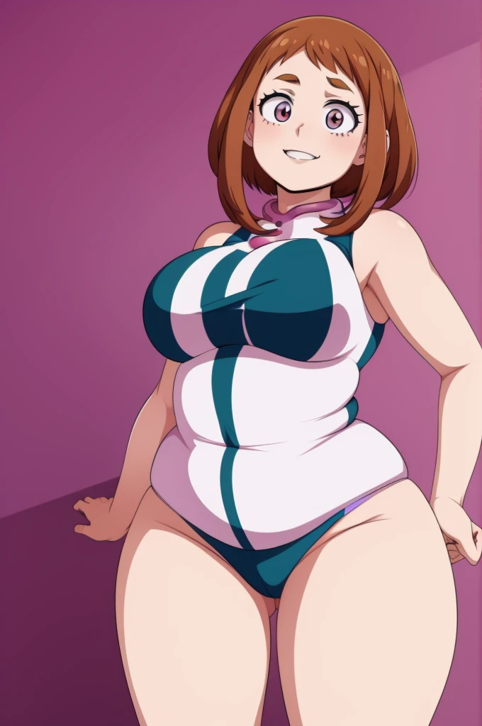 Mujer pisando fuerte con el pie, pisada de pie, curvas, tetona, sonrisa malvada, mirada dominante, muslos gruesos, vista desde abajo, ochako uraraka
