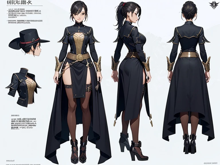 Close-up of a beautiful woman in a civilian suit, ((Character concept art)), ((creative costume design)), tall figure, ((Character Design Sheet, same character, front, Side, back)), original character art, civil character, civilian clothing design , civilian girl, girl in a creative hat, black hair color, ponytail hairstyle hairstyle, complex parts, Red glowing decoration on a girl&#39;s clothes, expert high detail concept art, civic concept art, Fun character design, gravity rush inspiration, Viscous resin. conceptual art, multifunctional waist buckle, belt buckle at the waist, etiquette, gentle smile, gentle, soft