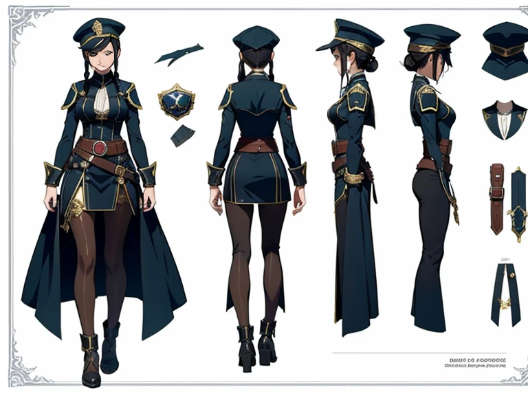 Close-up of a beautiful woman in a civilian suit, ((Character concept art)), ((creative costume design)), tall figure, ((Character Design Sheet, same character, front, Side, back)), original character art, civil character, civilian clothing design , civilian girl, girl in a creative hat, black hair color, ponytail hairstyle hairstyle, complex parts, Red glowing decoration on a girl's clothes, expert high detail concept art, civic concept art, Fun character design, gravity rush inspiration, Viscous resin. conceptual art, multifunctional waist buckle, belt buckle at the waist, etiquette, gentle smile, gentle, soft
