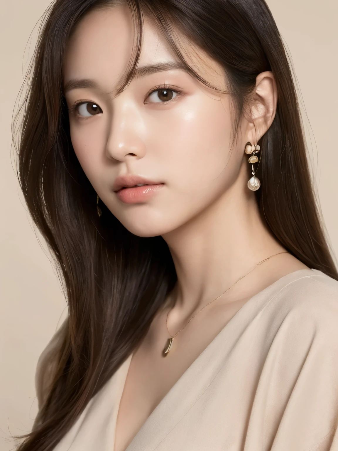 ((highest quality, 8K, masterpiece:1.3)), concentrate: 1.2, Perfect body beauty: 1.4, Hips: 1.2, ((Long Hair, chest: 1.2)), (Dry clothes: 1.1) , (clear, Simple Background:1.3), Simple clothes: 1.1, Highly detailed face and skin texture, Delicate eyes, double eyelid, Whitened skin, Long Hair、Earrings with bangs、necklace、 solo、Beige coat、White shirt,  (((Beautiful girl with cute Japan)))、  ((Beautiful Japanese girl 20 years old))、 ((Baby Face))、 (((Slender body)))、  Upper Body，Face focus、necklace，Simple Background，From above， Realistic Hair、 A photograph was taken:Canon EOS R6、135mm、1/1250 seconds、f2.8、ISO400、(Detailed explanation of the hand)、(Masseter muscle area)、(Exquisite CG)、Long Hair, loose and curly hair、Korean Hair、Long Hair明るいベージュ色、グラデーションハイライトグレージュのゆるふわLong Hairスタイル、