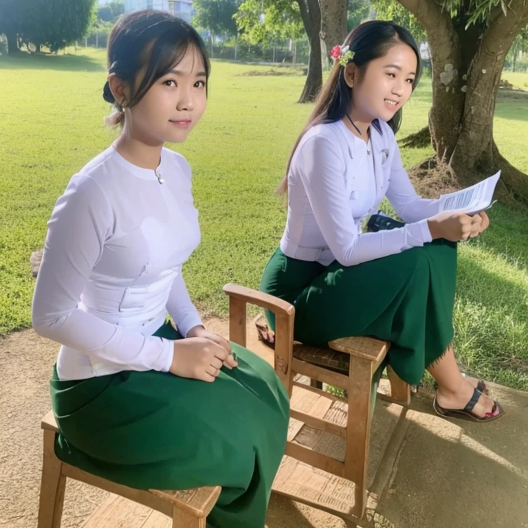 Myanmar school girl and school teacher with bag.background is village and stream.((see through clothes)).upper white and under green,no bra.behind the see.((without clothes.))