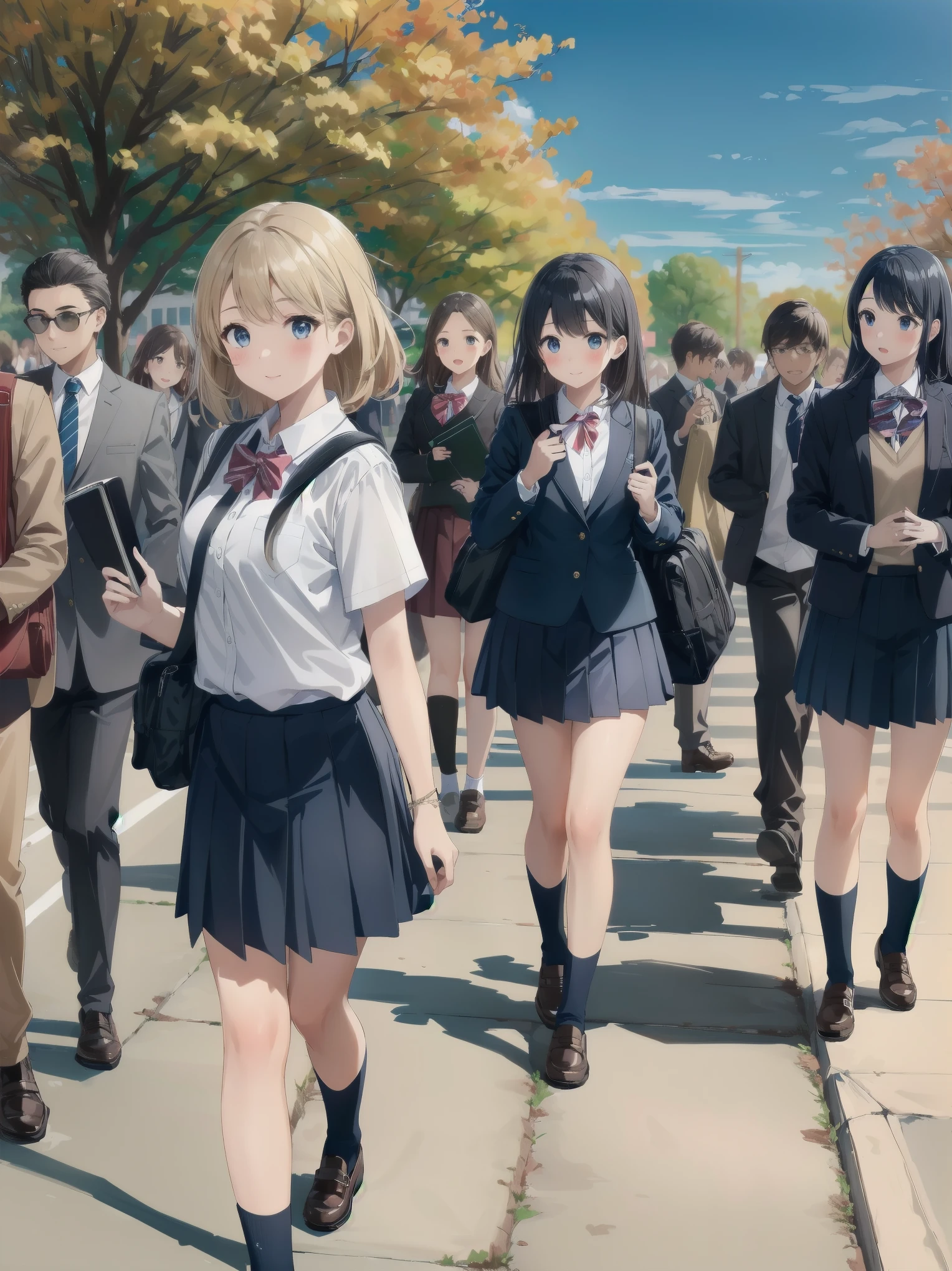 One girl, spring, high school, , warm colours, schoolbag, accurate and very detailed background, crowd of schoolgirls in uniform with various body shapes and hairstyles, cute.