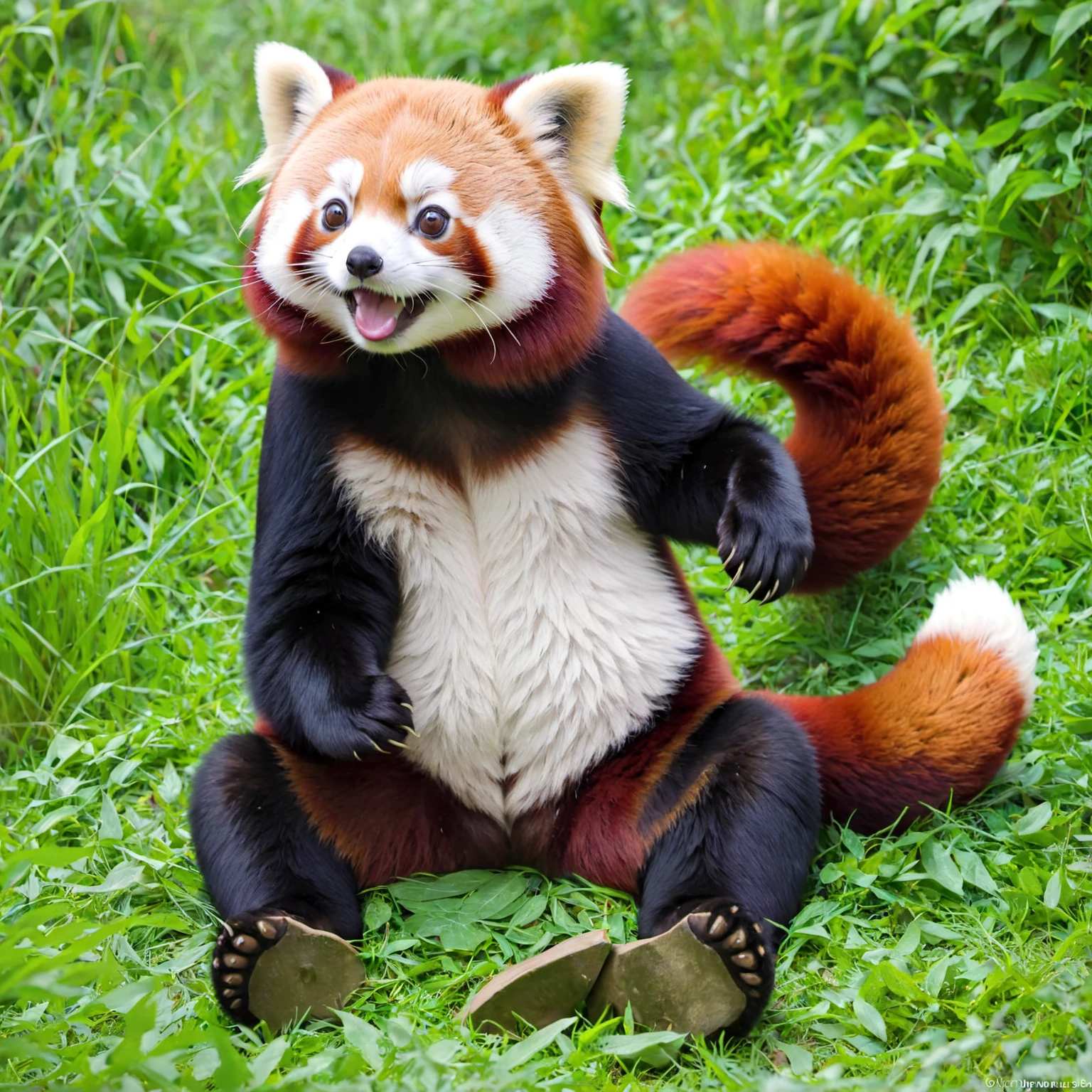 Blue in the Wind々and grasslands spread out、There is a red panda sitting there, smiling by himself.。The red panda、With big, round eyes、Looking straight ahead with a lovely smile。
