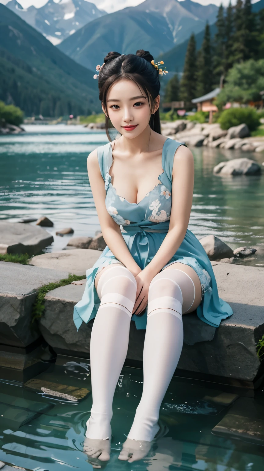 hanfu, 1girl, medium breasts, cleavage, mountain, soaking feet, sitting, Chinese park background,white thighhighs,Clear water,(feet:1.3), too many flowers,  