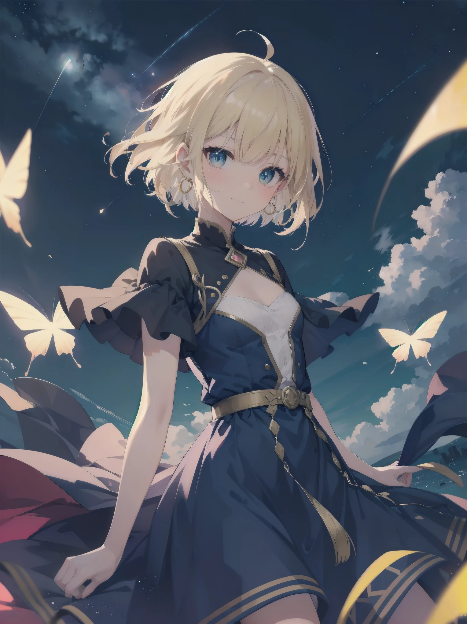 Masterpiece, Top Quality, High Resolution, Super Dimensional Face, Cute Eyes, Very Beautiful Girl in Long Blue Dress Anime Character, One Beautiful Girl, Long Dress, Solo, Blue Dress, (Bob-cut Hair:1.1), Amber Eyes, Gazing, Blonde Hair, ((Hair Fluttering in Wind)), , Medium Chest, Hoop Earrings, Fluttering hair, Night sky, Meteor shower, Fantastic, Phantom moon, Light smile, Dynamic, Fantasy, Otherworldly, Mysterious place