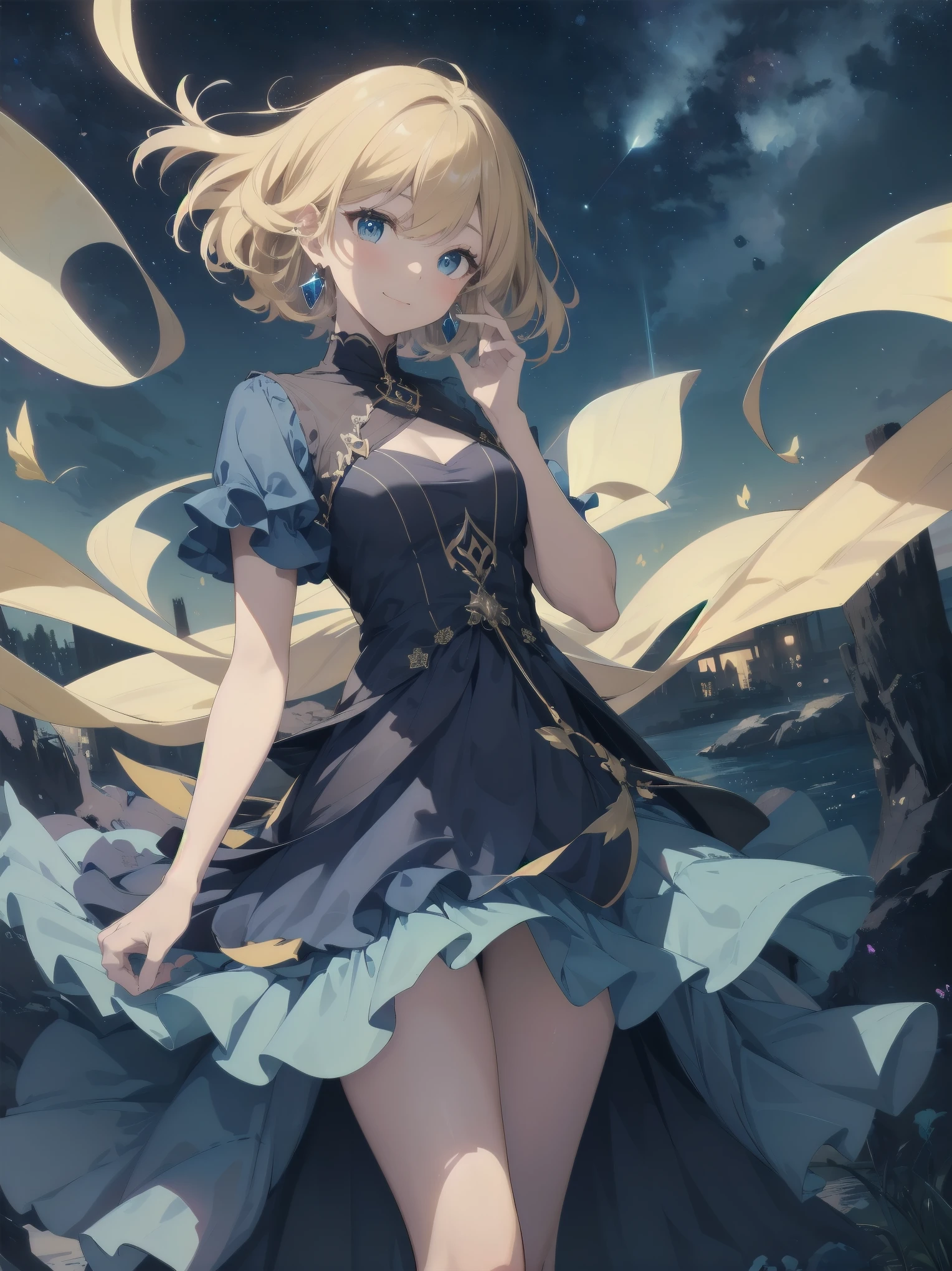 Masterpiece, Top Quality, High Resolution, Super Dimensional Face, Cute Eyes, Very Beautiful Girl in Long Blue Dress Anime Character, One Beautiful Girl, Long Dress, Solo, Blue Dress, (Bob-cut Hair:1.1), Amber Eyes, Gazing, Blonde Hair, ((Hair Fluttering in Wind)), , Medium Chest, Hoop Earrings, Fluttering hair, Night sky, Meteor shower, Fantastic, Phantom moon, Light smile, Dynamic, Fantasy, Otherworldly, Mysterious place