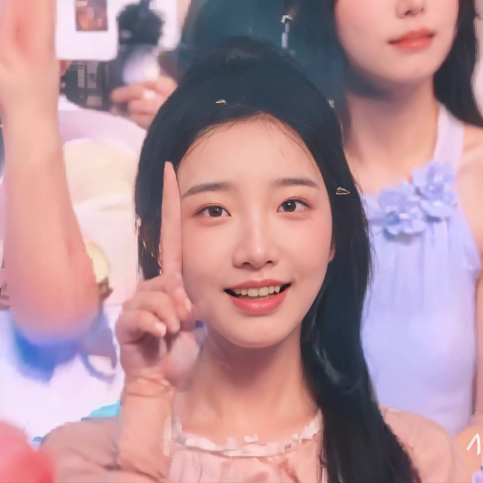 there is a woman with a hat on her head and a woman with a hat on her head, giga chad crying, bae suzy, so happy that her face hurts, wan adorable korean face, her face looks like an orchid, she has a cute face, very very low quality, she has a cute expressive face, yanjun chengt, korean idol