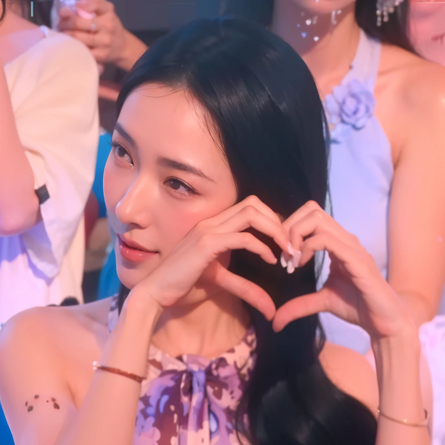 there is a woman that is holding a cell phone to her ear, japanese tv show, sui ishida with black hair, li bingbing, so happy that her face hurts, perfume, full heart - shaped face, itsuko azuma, ahhhhhhh, awwwww, forming a heart with their necks, mariko mori, kiyoko suzuki