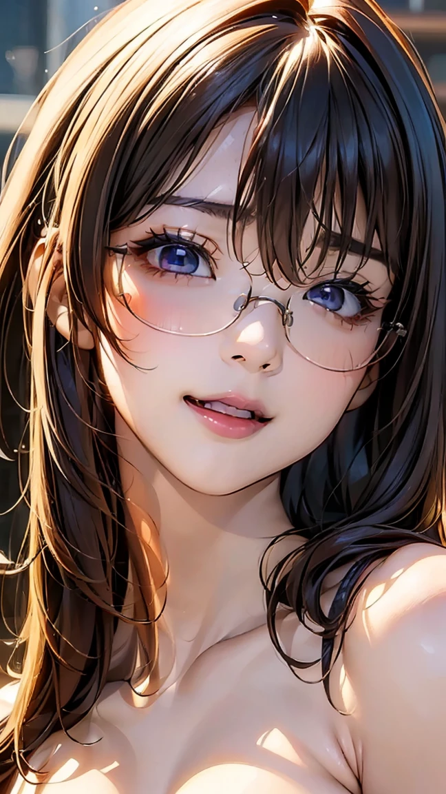(NSFW:1.2), (8K, RAW photo, best image quality, masterpiece: 1.4), (Highly detailed CG Unity 8K wallpaper, highest quality, High resolution: 1.2), (ultra_be familiar with, UHD: 1.2), super highly be familiar with, (realistic, realistic: 1.48), 1 girl, focus only, light brown hair, long hair, side lock, bangs, ((dark purple eyes:1.4, round eyes, beautiful eyelashes)), clear eyes, Glasses, Big breasts, very big breasts, shiny hair,  beautiful be familiar with cold face, enchanting smile, Beautiful and delicate eyes with intricate details, very accurate details,  skin dents, outdoor, grassland, perfect face, be familiar with顔, perfect body, beautiful eyes, beautiful face,(face focus),(Portrait:1.5),beautiful clavicle,naked,upper body:1.5