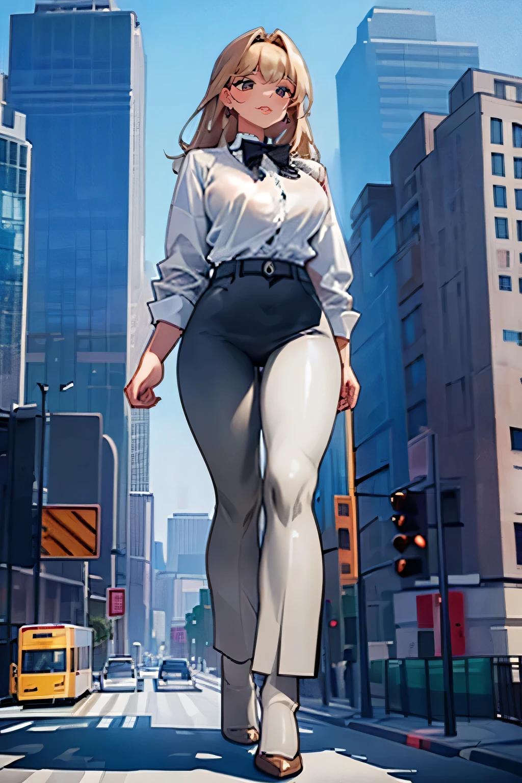 (huge, giantess size gorgeous woman:1 )walking near tiny skycrapper 8k, masterpiece, higly realistic, higly detailed, 8k, suit and bowtie, , huge shirt collar, high shirt collar, big oversized white shirt collar