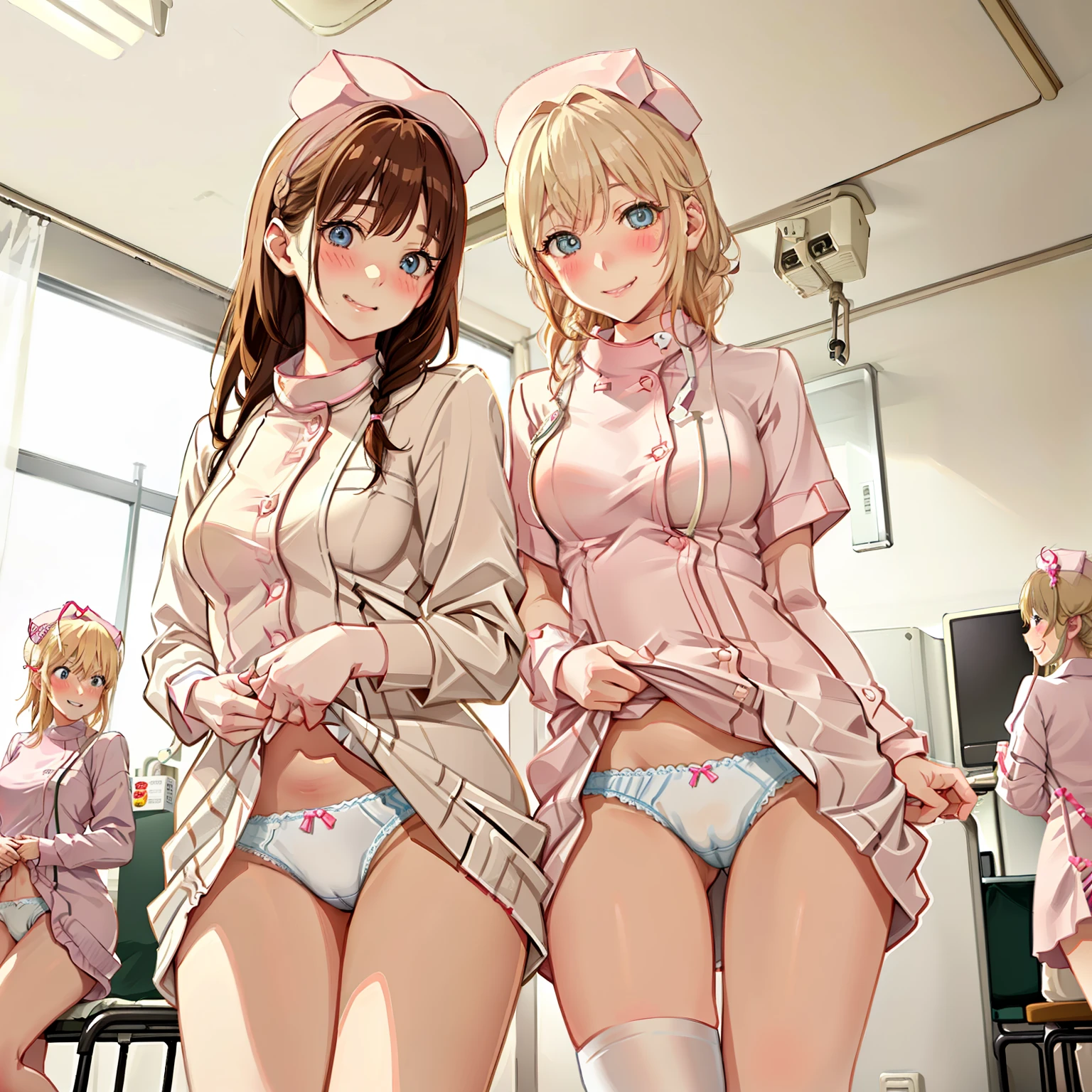 ((2 girls))、(smile:1.5)、Small breasts、（Cowboy Shot）、(fun!!)、(cardigan)、(Blonde)、(blush:1.4)、(Wearing white nurse clothes:1.8)、(single braid)、(Eye highlights:1.3)、, Rest indoors, ((Hospital room:1.5))、 BREAK while watching the audience、(Grab the skirt:1.0)、 (Perfect hands, Perfect Anatomy),Cowboy Shot、(Skirt flip:1.3),(Highly detailed panties:1.3)、(Highly detailed white panties:1.3)、、(スカート that rolls up:1.3)、(Full-fledged panties:1.5)、Bright Blue Eyes、nurse uniform 、nurse cap