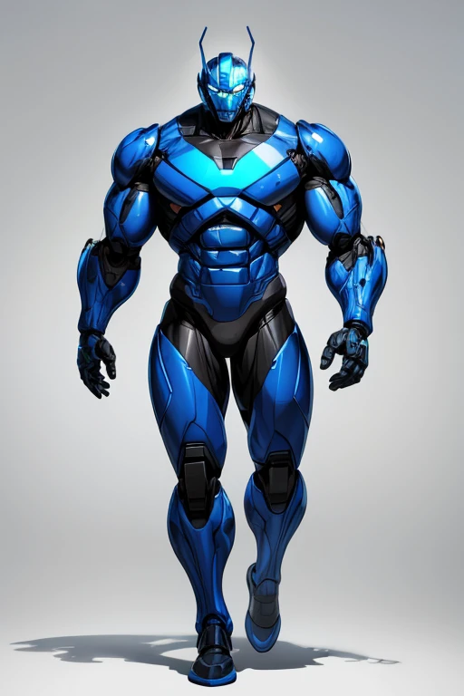 1man,big muscle,blue robot suit,wearing robot helmet full face,white background,full body,4k,8k,hd,ultra hd,detailed,