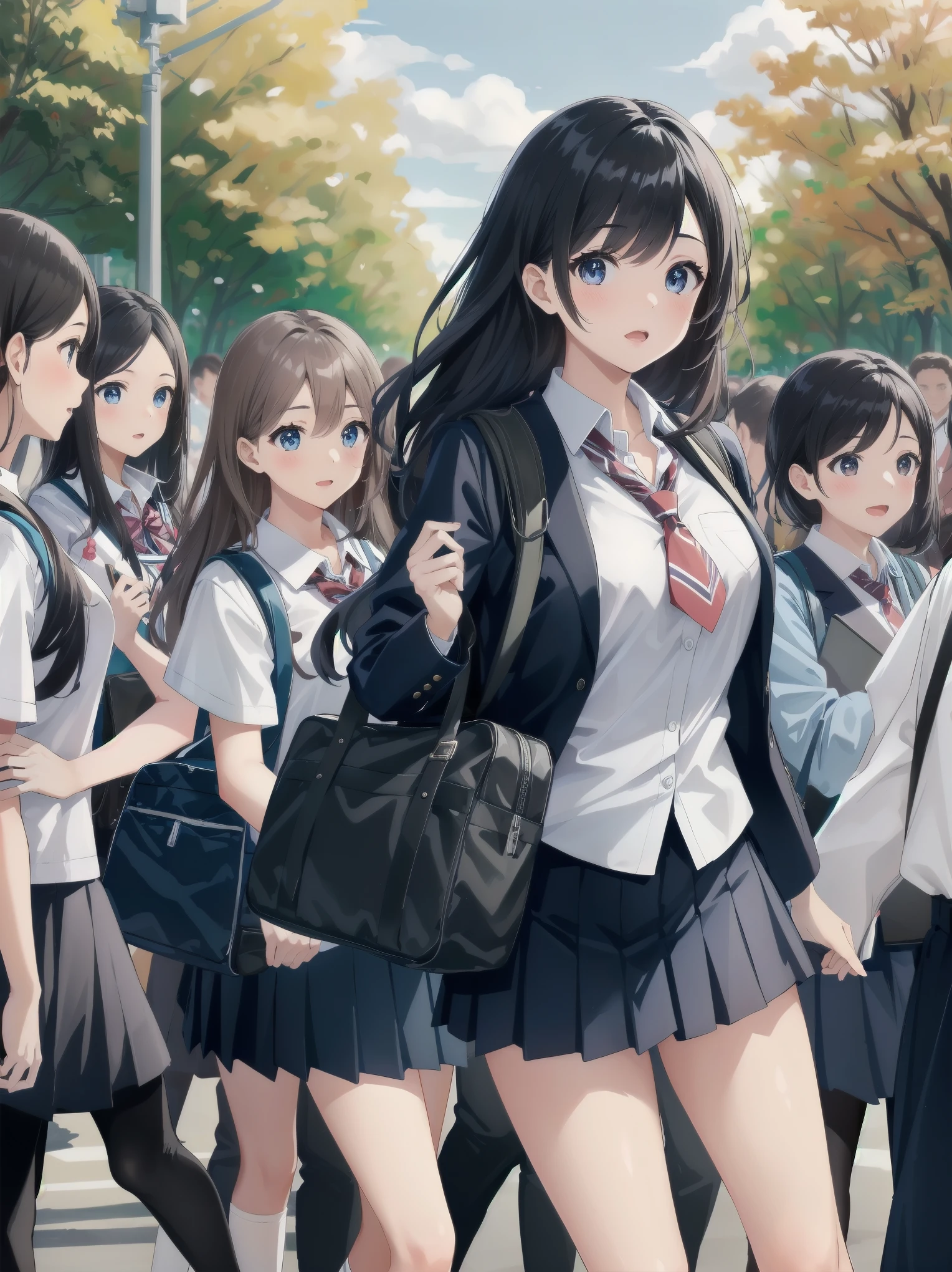 One girl, spring, high school, , warm colours, schoolbag, accurate and very detailed background, crowd of schoolgirls in uniform with various body shapes and hairstyles, cute.
