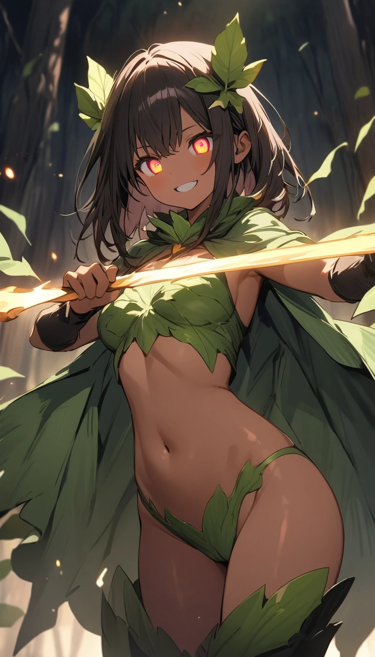 (highest quality、masterpiece、High resolution、detailed)animeスタイル、flat style、(Shining Eyes、detailed美しい顔), BREAK,1 girl、Fantasy, 1forest_elemental, Fighting, (Use_leaf_Clothes, green_leaf_Covered_chest, leaf_Covered_Pussy)+++,Moderate_chest,dynamic_Pause_Are standing, Light_smile, sleepy, Moderate_hair, belly button,(dark_skin)+, oil, (Take-up_ぶどうのwood_The surrounding area_body), (Slim figure)+,forest, wood_background, leaf_headgear, green_leaf_Cape, all_big_length_staff, Thighs,anime、Dynamic Angles、(NSFW),(SEX)、(picture)
