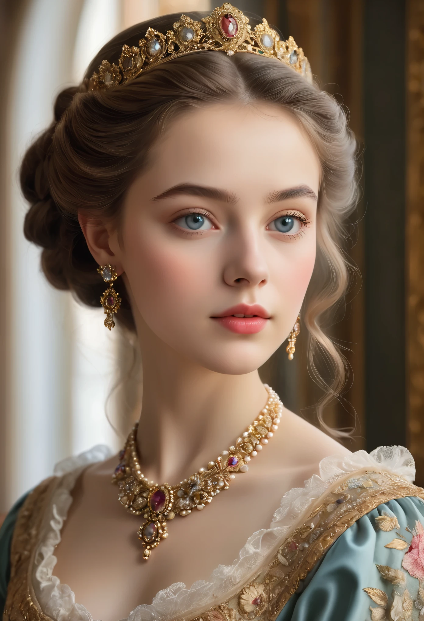 (best quality,4k,8k,highres,masterpiece:1.2),ultra-detailed,(realistic,photorealistic,photo-realistic:1.37),portrait,painting,pastels,personalized masterpiece,18th century,Russian,aristocratic,girl,noble daughter,14 years old,extremely beautiful,face,expressive eyes,delicate nose,luscious lips,porcelain skin,rosy cheeks,flowing curls,silky dress,stately posture,fine jewelry,embroidered lace collar,grand background,opulent interior,faint golden light