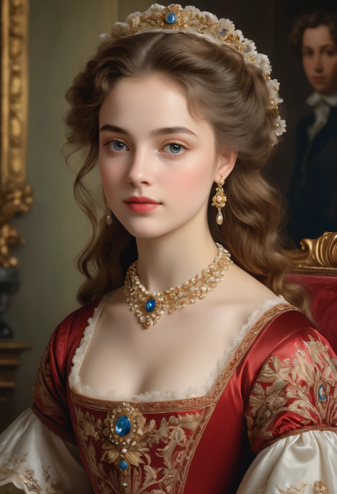 (best quality,4k,8k,highres,masterpiece:1.2),ultra-detailed,(realistic,photorealistic,photo-realistic:1.37),portrait,painting,pastels,personalized masterpiece,18th century,Russian,aristocratic,girl,noble daughter,,extremely beautiful,face,expressive eyes,delicate nose,luscious lips,porcelain skin,rosy cheeks,flowing curls,silky dress,stately posture,fine jewelry,embroidered lace collar,grand background,opulent interior,faint golden light
