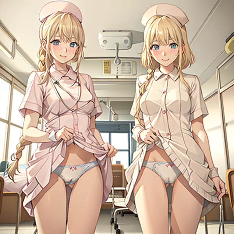 ((2 girls))、(smile:1.5)、Small breasts、（Cowboy Shot）、(fun!!)、(cardigan)、(Blonde)、(blush:1.4)、(Wearing white nurse clothes:1.8)、(single braid)、(Eye highlights:1.3)、, Rest indoors, ((Hospital room:1.5))、 BREAK while watching the audience、(Grab the skirt:1.0)、 (Perfect hands, Perfect Anatomy),Cowboy Shot、(Skirt flip:1.3),(Highly detailed panties:1.3)、(Highly detailed white panties:1.3)、、(スカート that rolls up:1.3)、(Full-fledged panties:1.5)、Bright Blue Eyes、nurse uniform 、nurse cap