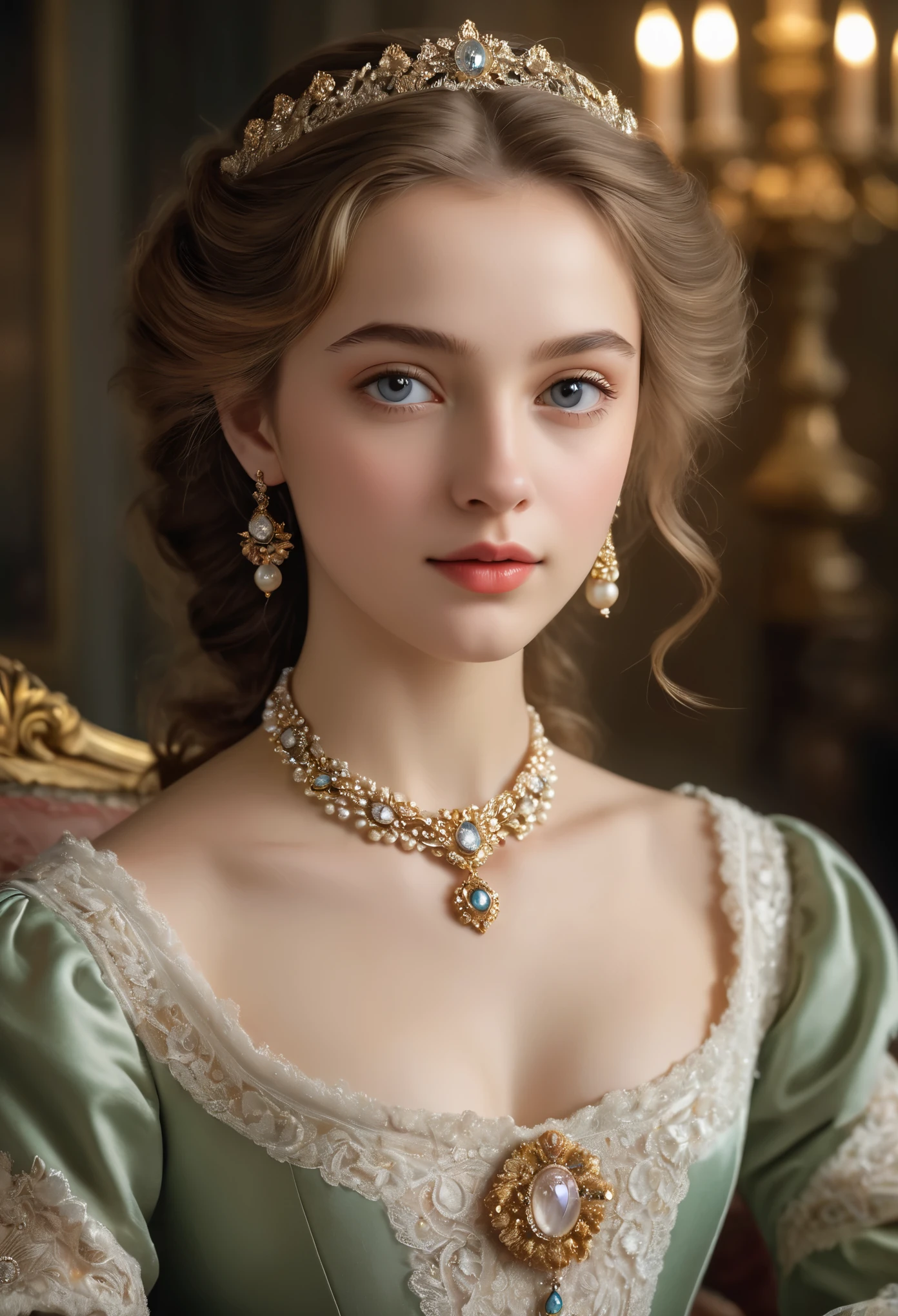 (best quality,4k,8k,highres,masterpiece:1.2),ultra-detailed,(realistic,photorealistic,photo-realistic:1.37),portrait,painting,pastels,personalized masterpiece,18th century,Russian,aristocratic,girl,noble daughter,,extremely beautiful,face,expressive eyes,delicate nose,luscious lips,porcelain skin,rosy cheeks,flowing curls,silky dress,stately posture,fine jewelry,embroidered lace collar,grand background,opulent interior,faint golden light