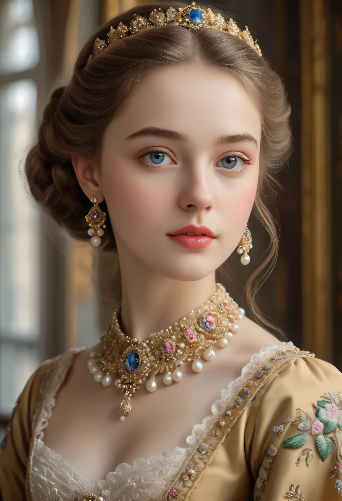 (best quality,4k,8k,highres,masterpiece:1.2),ultra-detailed,(realistic,photorealistic,photo-realistic:1.37),portrait,painting,pastels,personalized masterpiece,18th century,Russian,aristocratic,girl,noble daughter,14 years old,extremely beautiful,face,expressive eyes,delicate nose,luscious lips,porcelain skin,rosy cheeks,flowing curls,silky dress,stately posture,fine jewelry,embroidered lace collar,grand background,opulent interior,faint golden light