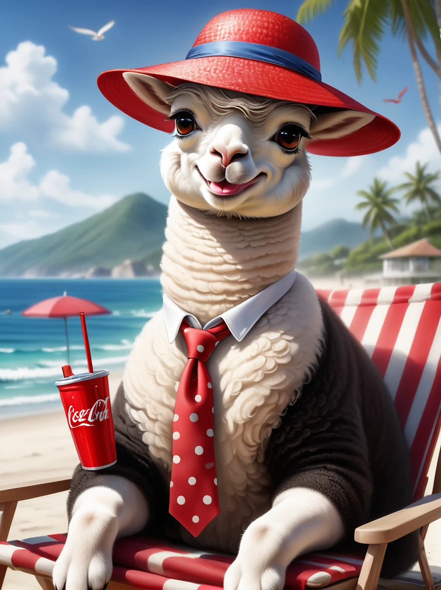 Leonardo style, Hand drawn black and white alpaca, Wear a sun hat, Red round glasses, Red tie, With small dots, Big smile and happy expression, Lying on a beach chair, Drink Coke, Beach, seaside, ultra high definition, illustration, UHD, masterpiece, ccurate, anatomically correct, textured skin, super detail, award winning, best quality, 8k