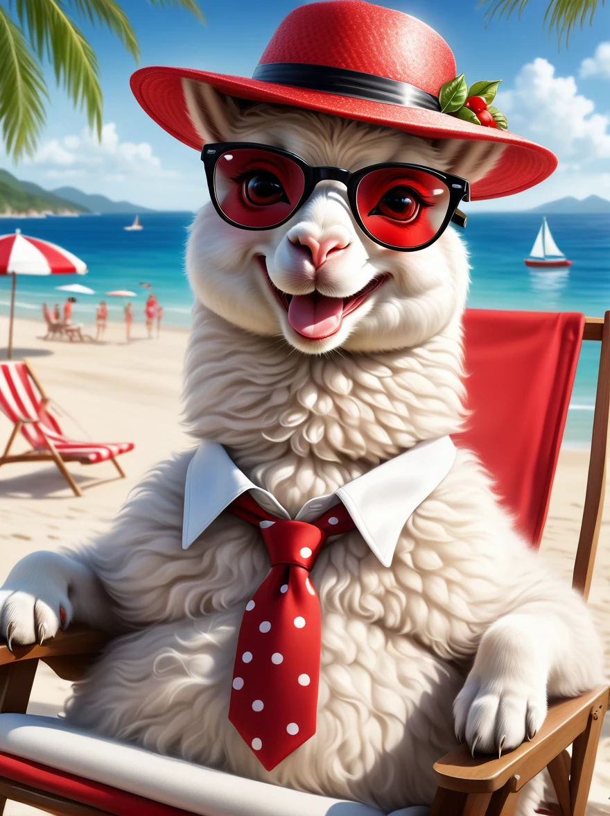 Leonardo style, Hand drawn black and white alpaca, Wear a sun hat, Red round glasses, Red tie, With small dots, Big smile and happy expression, Lying on a beach chair, Drink Coke, Beach, seaside, ultra high definition, illustration, UHD, masterpiece, ccurate, anatomically correct, textured skin, super detail, award winning, best quality, 8k