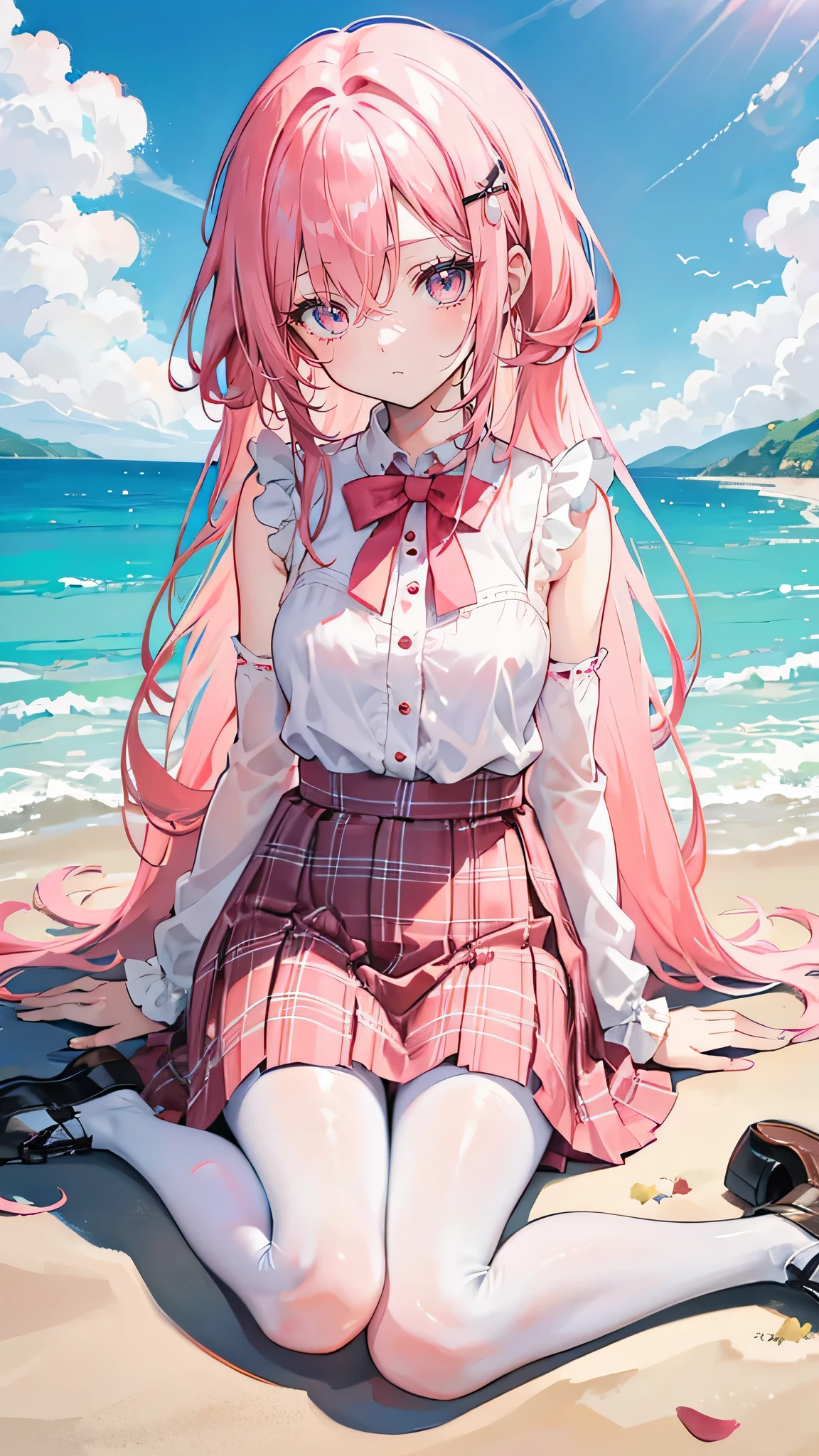 Coral pink hair,Long hair,hair over one eye,Gray eyes,feather hair ornament,cute,Girl,Plaid skirt,Small leather shoes,White silk pantyhose,White silk pantyhose,whole body,sit on the floor,Don't show your arms,The background is the beach,Blue sky and white clouds