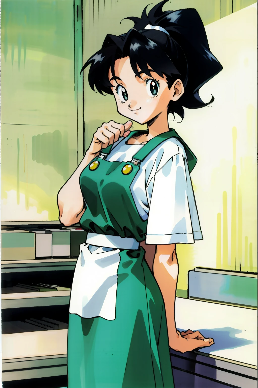 by Ken Sugimori, sugimori 1990s, ((only 1woman)), shop clerk, white shirt, green apron, smiling ((hands behind their back)), full black pupils, manga, best quality, highly detailed, clean lines, cowboy shot, good hands, good eyes, hd, 8k, professional, symmetrical, hires, 8k,