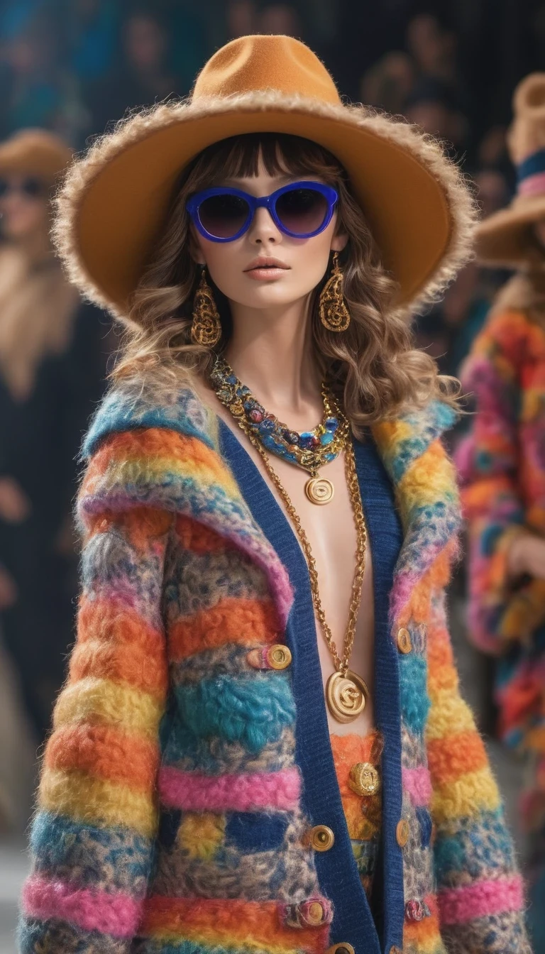 Alpaca, full body, 2024 Chanel fashion show, anthropomorphic, cute, seductive, catwalk, glamorous, makeup, cool, sunglasses, necklace, hat, fashion, cartoon, background: fashion show runway. (best quality, 4k, 8k, highres, masterpiece:1.2), ultra-detailed, (realistic, photorealistic, photo-realistic:1.37), HDR, UHD, studio lighting, extreme detail description, professional, vivid colors, bokeh, portraits, trendy colors, spotlight.