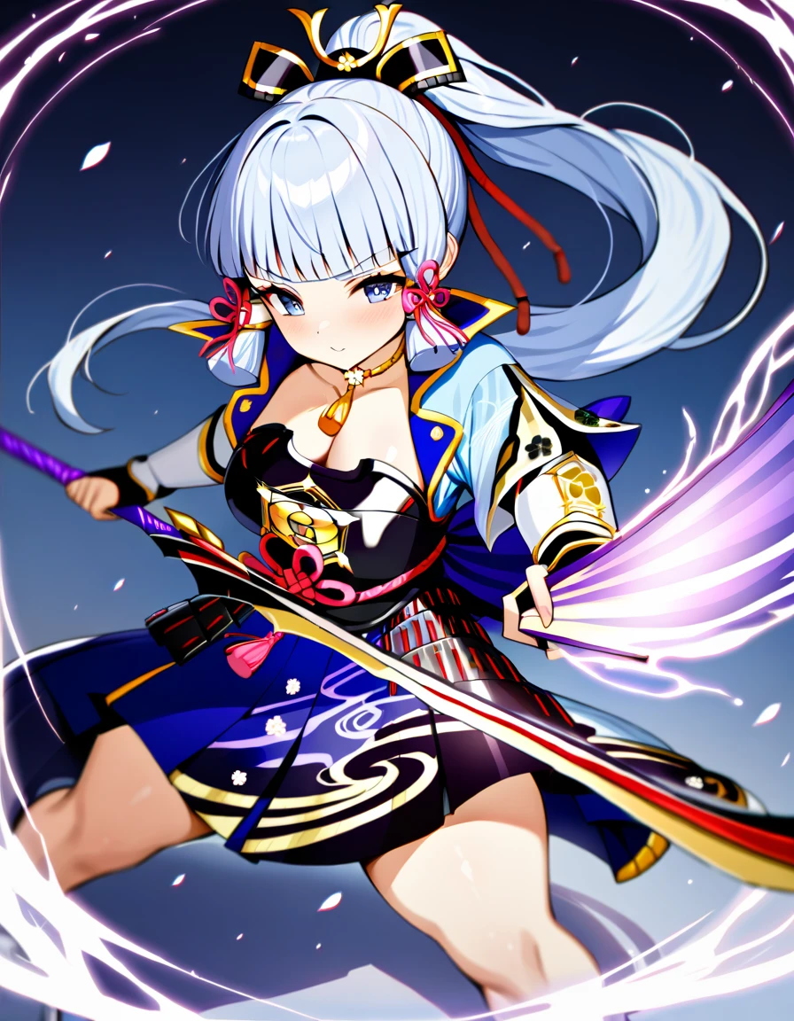 (masterpiece), (thick body:0.9), (voluptous curves:0.7), Kamisato Ayaka has eyes filled with determination while wielding the (Mistsplitter Reforged:1.5) with a battle stance.