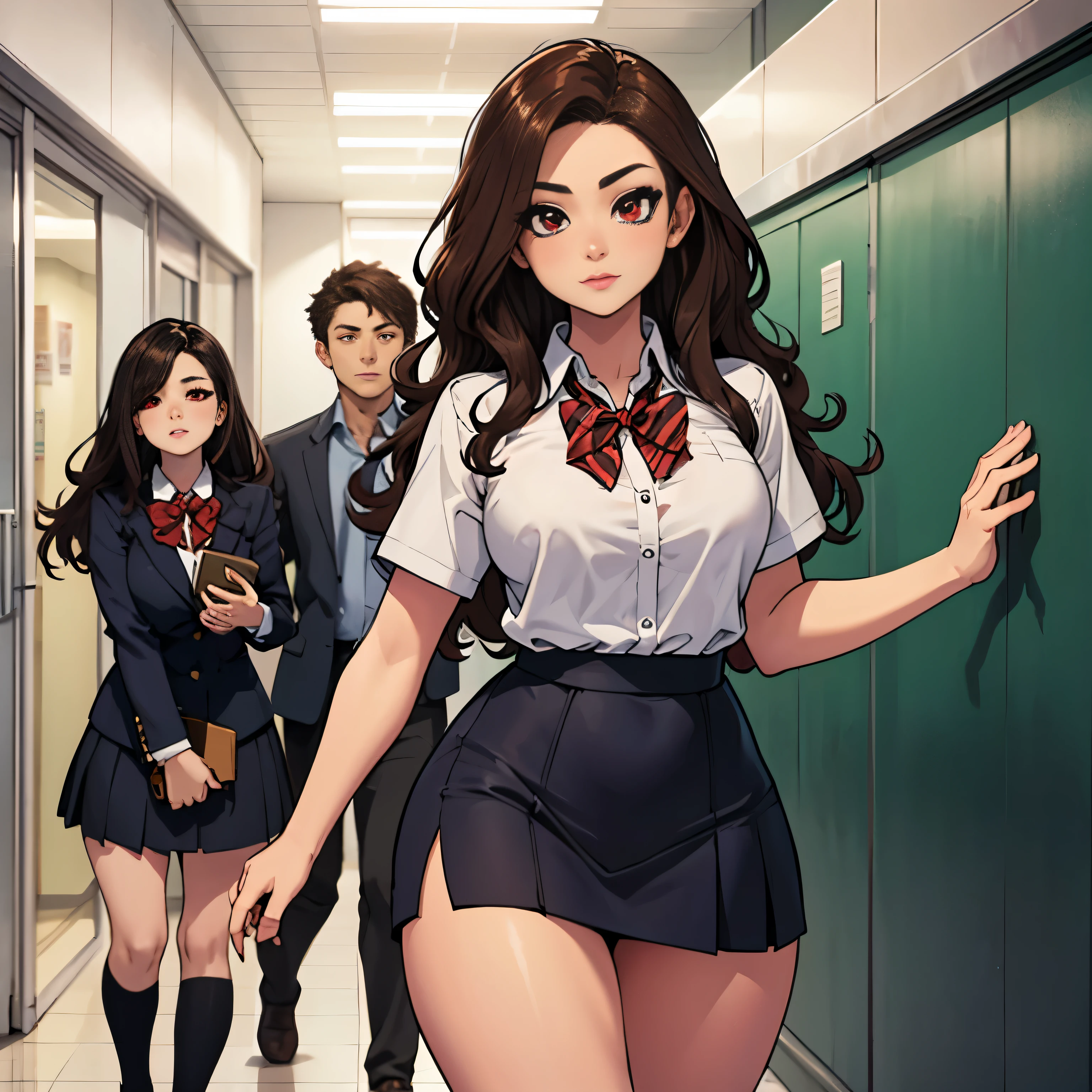((best quality)), ((masterpiece)), (detailed), perfect face, 18yo  girl, skinny waist, skinny thighs, high ponytail, (blushing:1.3), dark blue pleated skirt, (((embarrassed:1.5))), (((topless))), ((slender body)), small breasts, ((bare neck)), ((brunette)), (walking), crowded school corridor, (((centre of attention)))