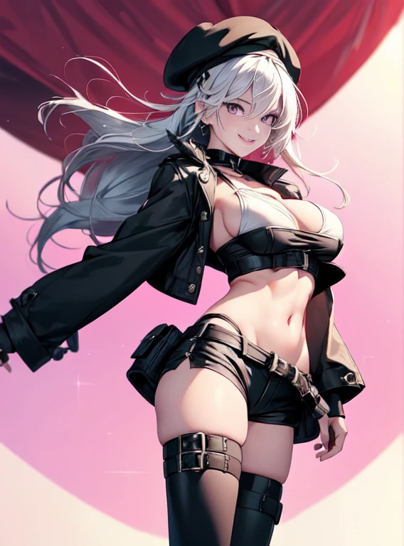 ubel,((ubel of Frieren: Beyond Journey's End )),dark green hair,long hair,side ponytail,hair between eyes,bangs, (miritary beret, black jacket, open clothes, cleavage, midriff, black shorts, black thighhighs, thigh strap, fingerless gloves, single glove:1.2) , (dynamic angle:1.3, front view:1.1, breast focus:1.3, from below:1.2), (dynamic posing:1.5, sexy posing:1.2, leaning forward), (seductive smiling:1.3),(*K) HD, highest quality, WorKs of masters, High resolution, spread legs, panties shot,1 girl, small nose,(with sparkling eyes and a contagious smile), very beautiful detailed face and eyes, bright colors, cute face, delicate beautiful face, Bright magenta eyes, cute eyes, sparkling eyes, Big eyes, (big breasts:1.3), (perky chest:1.1), (pointed chest:1.0), medium hips, glamorous body, white skin, smile, thin pubric hair, shiny hair, super beautiful face, Super beautiful eyes, Super beautiful hair,trendy outfit,sexy and attractive,explosion of colors,big hairpin,full body esbian,illegal occupation, Real World, Natural light,perfect Natural light,looking at viewer,
