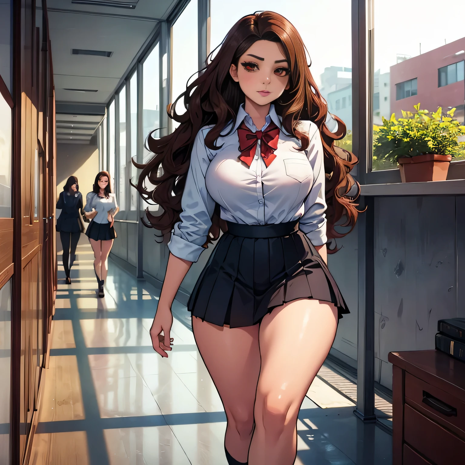 Beautiful curvy Latina teen, high school, school tight uniform, seductive, walking school hallways, gorgeous bed red eyes, long wavy brown hair, short stature