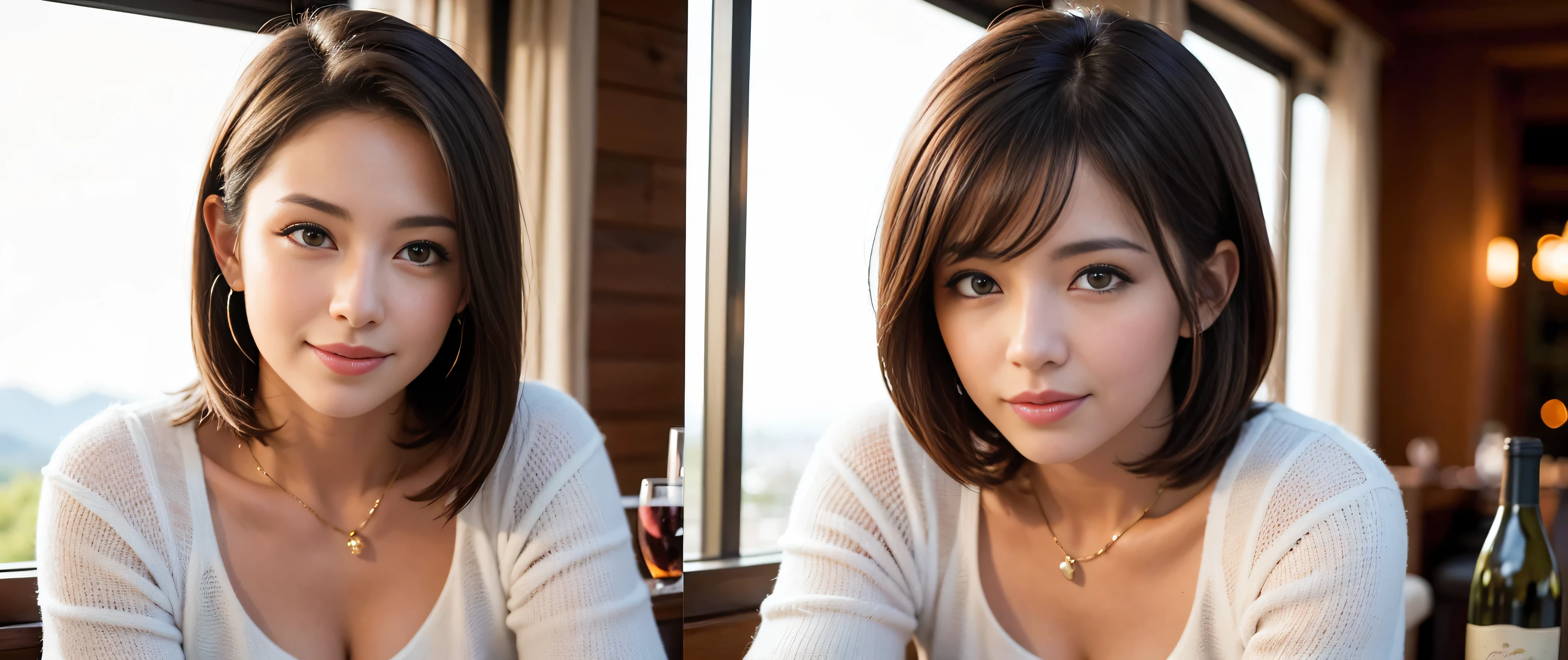 ((highest quality、8k、masterpiece:1.3))、Sharp focus:1.2、Beautiful woman perfect body:1.4、Slim body、((Bob Hale、Straight hair:1.2))、(to be born, highest quality, masterpiece:1.5), (Realistic, Intricate details:1.2), Ultra-high resolution, Spectacular view of the sunset sky and clouds、Amazing mountain views、A bright smile、A lovely woman with a smile、Bright image、2 wine Beauties, Beautiful Face, blue eyes, fine grain, Symmetrical eyes, The light shines on your face, Blushing your nose, short hair,that woman'Bright face、Fox face、Lady、wine 、Appetizer、Italian food、two beauties、brown hair、Shortcuts、Long sleeve shirt、Winter Fashion、dress、wine bottle、Appetizer、Champagne、Sparkling wine、Pretty Woman 1, (slim face), (The body is slim), (brown hair), (Shortcuts), cheeks turn a little red, (Age 37), 39 years old, charming beauty、, Out of the window, A beautiful and detailed night view unfolds.........., restaurant, In a prominent place (From the waist up) nova frog style, actress, model, Upper Body, White wine, slim, Wine Glass, 真ん中に置かれたWine Glass, smile, (smile: 1.15), Beautiful fine grain, Depth f/2,saturation, High Contrast, Strong light and shadow,Moist Body:1.5、3D texture、Delicate eyes、brown hair、The hair is very shiny、