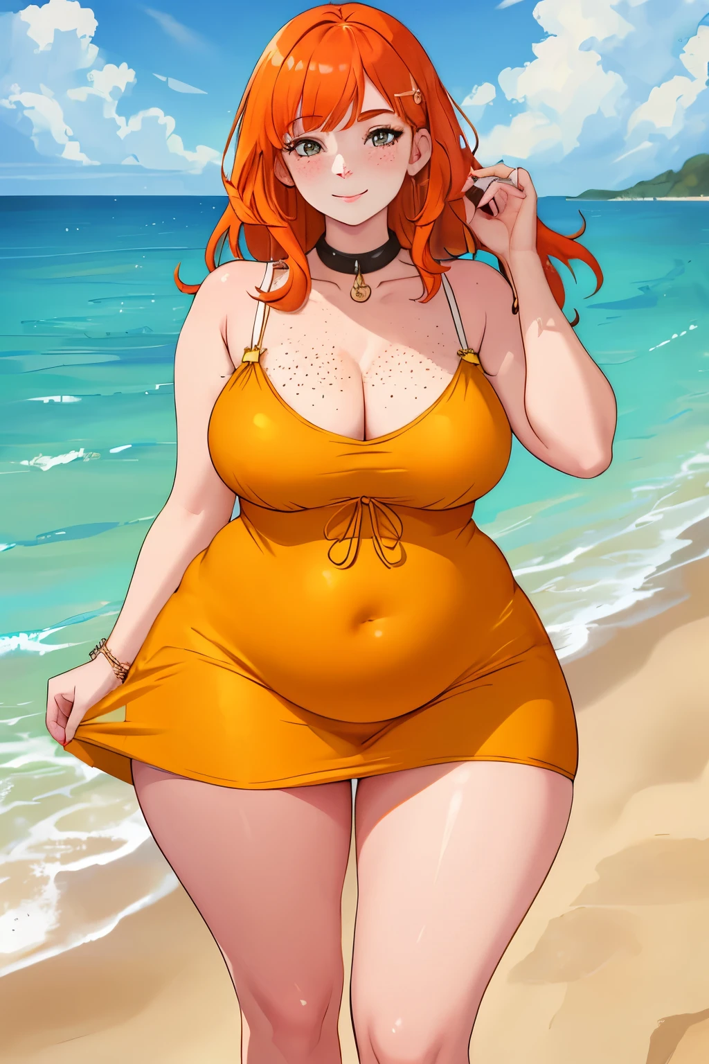 1woman, ginger, freckles, summer dress, wide hips, thick thighs, chubby belly. pear shaped body. wider hips, fat, 