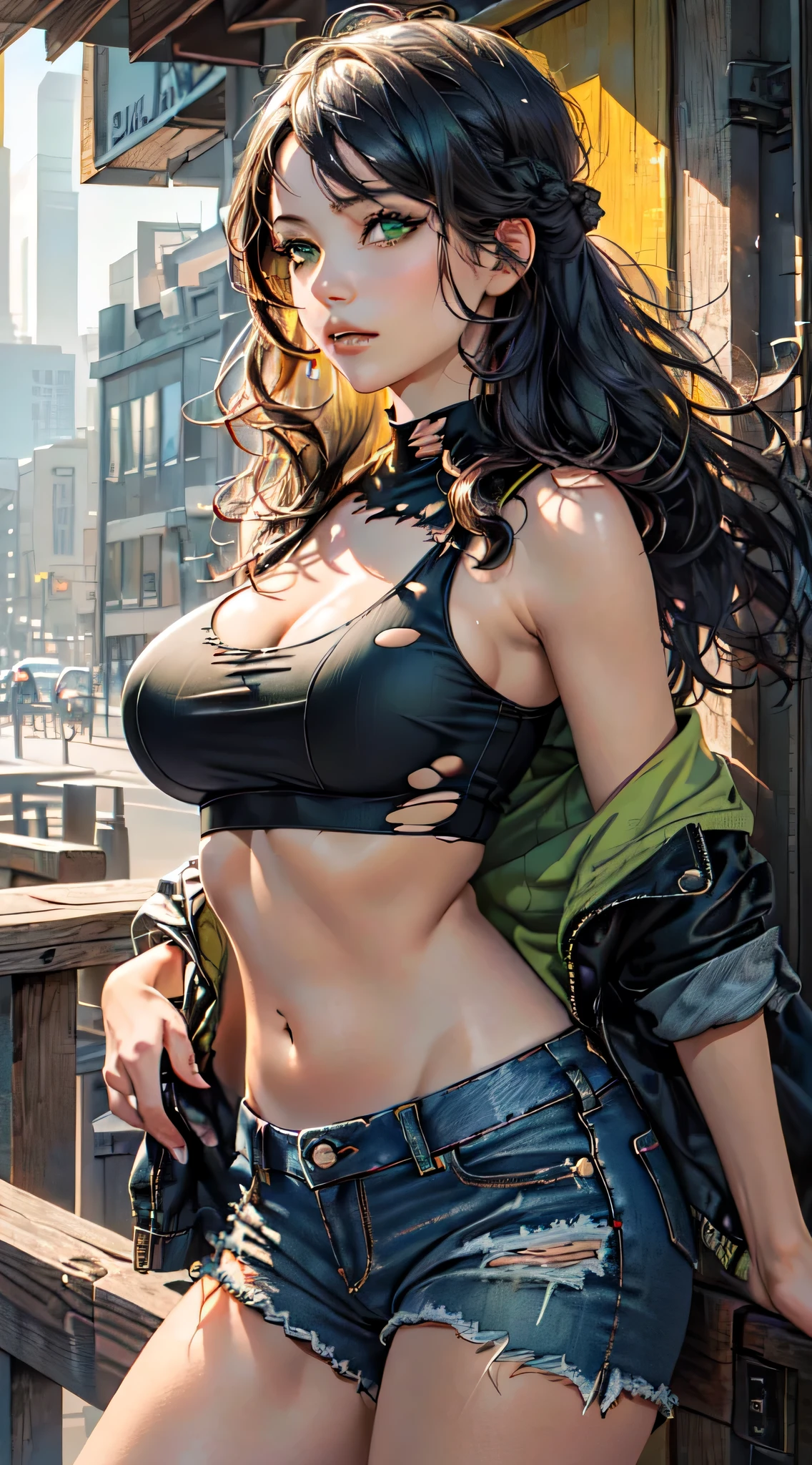 (Masterpiece, Best quality, A high resolution, ultra detailed), 1 woman, long black wavy hair, Green eyes, Beautiful, detailed eyes and face, Perfect body, earrings, ear piercing, unbuttoned denim jacket, White shirt, Jeans, denim platform sneakers, naked collarbones, chain necklace, city slum background, by Amano Akira, full body