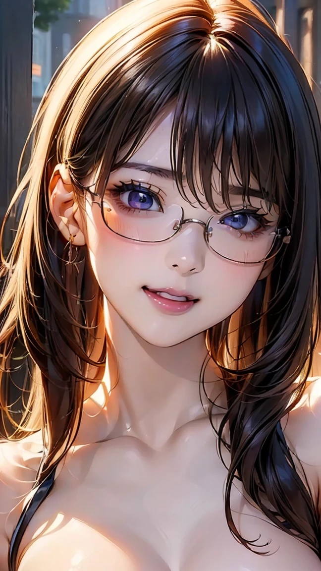 (NSFW:1.2), (8K, RAW photo, best image quality, masterpiece: 1.4), (Highly detailed CG Unity 8K wallpaper, highest quality, High resolution: 1.2), (ultra_be familiar with, UHD: 1.2), super highly be familiar with, (realistic, realistic: 1.48), 1 girl, light brown hair, long hair, side lock, bangs, ((dark purple eyes:1.4, round eyes, beautiful eyelashes)), clear eyes, Glasses, Big breasts, shiny hair, beautiful be familiar with cold face, enchanting smile, Beautiful and delicate eyes with intricate details, very accurate details, skin dents, outdoor, grassland, perfect face, perfect body, beautiful eyes, beautiful face,beautiful clavicle,naked, upper body:1.5