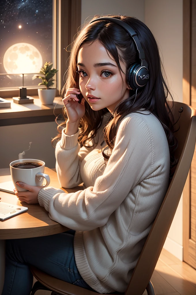 Young woman listening to music in the room，Sit and drink coffee，Enjoy the full moon night