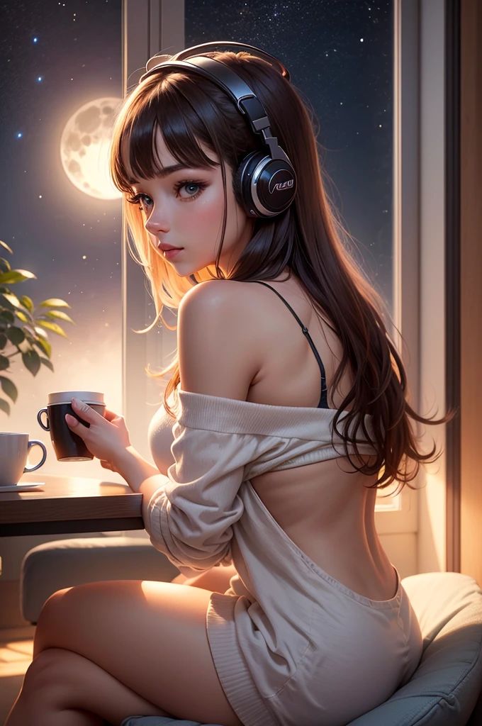 Young woman listening to music in the room，Sit and drink coffee，Enjoy the full moon night