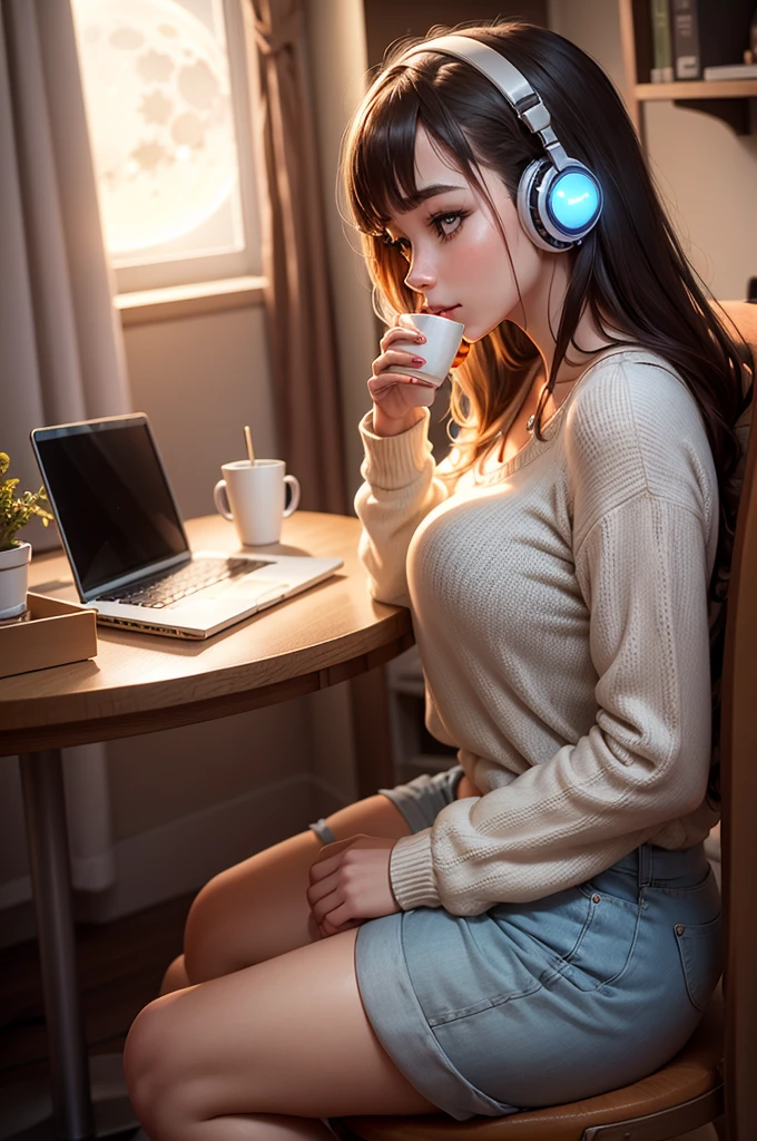 Young woman listening to music in the room，Sit and drink coffee，Enjoy the full moon night