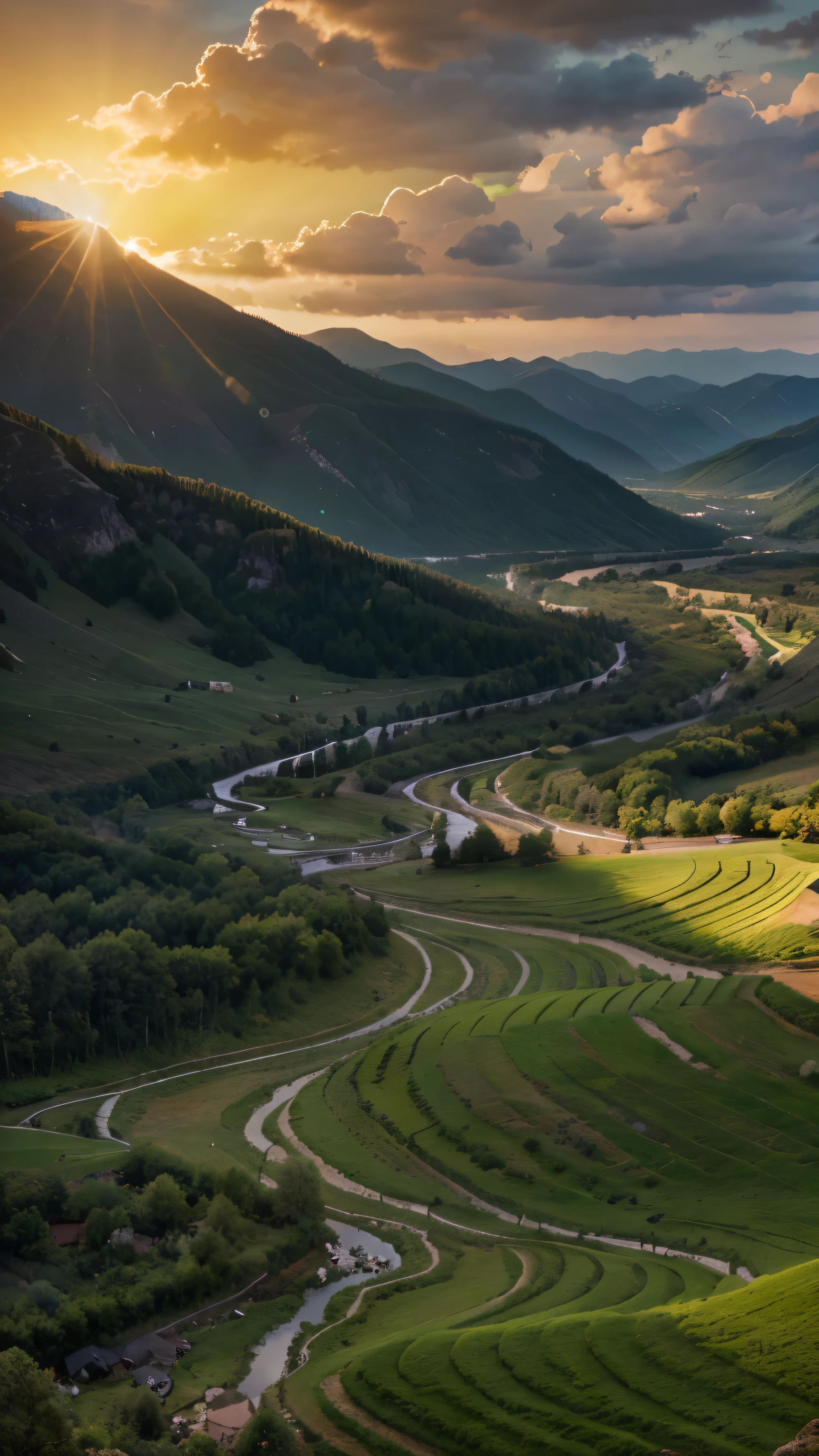 Imagine a beautiful mountain valley, sun rays, sunrise, green valley , dramatic clouds, 8k, sharp image, nikon z8