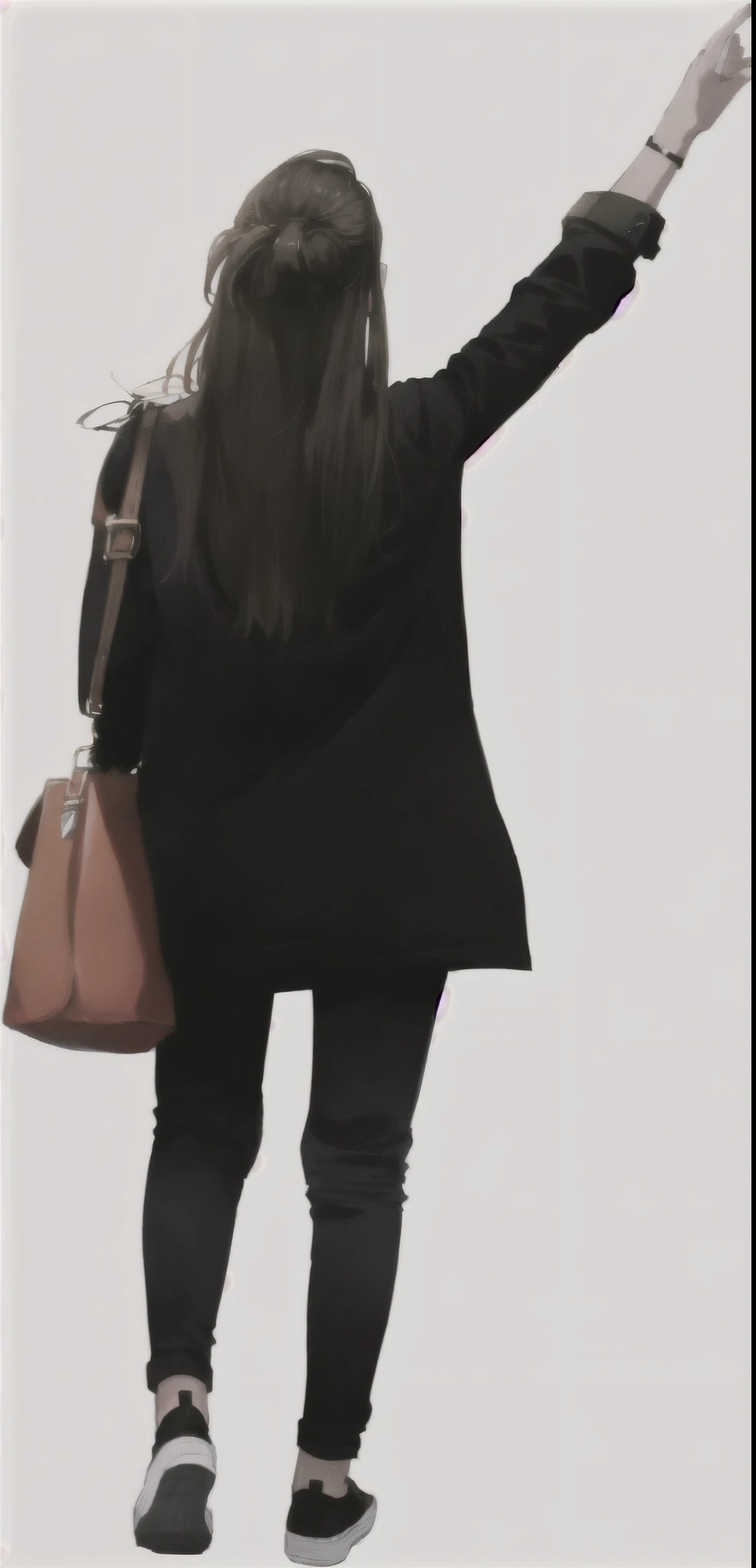 拿着棕色钱Bag的女人指着黑色背景上的东西, black and brown colors, Female looks, 拿着一个皮革钱Bag, black and brown, Bag, leather clothing and boots, The color of the plane,blank background