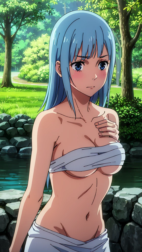 masterpiece, High resolution, alone,Adult women, 8k, detailed, Perfect Face, highest quality, (super high quality), (Looking at the audience), (Underarm), clavicle, Bare arms, Big Breasts,tall, topless,Cleavage, Blue Hair, Long Hair, dark blue eyes, stomach, Stomach, belly button, stomach筋, Opened Sarashi Chest, Open front bandage chest, (White color too), The body is slim, Upper Body, blush,, Mouth closed, In the forest, Raise your hand
