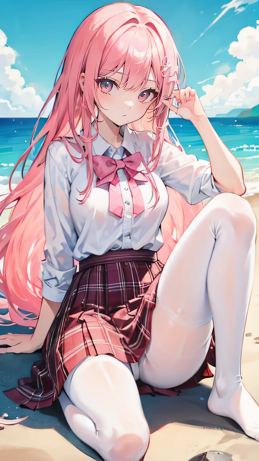 Coral pink hair,Long hair,hair over one eye,Gray eyes,feather hair ornament,cute,Girl,Plaid skirt,No shoes on your feet,White silk pantyhose,White silk pantyhose,whole body,sit on the floor,Don't show your arms,The background is the beach,Blue sky and white clouds
