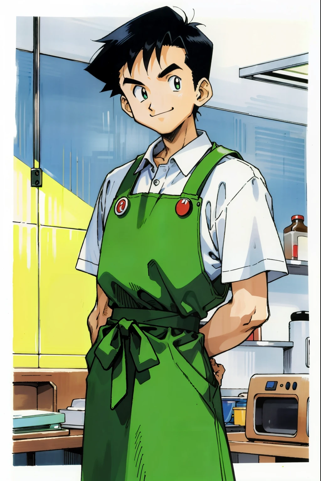 by Ken Sugimori, sugimori 1990s, ((only 1man)), shop clerk, white shirt, green apron, smiling ((hands behind their back)), full black pupils, manga, best quality, highly detailed, clean lines, cowboy shot, good hands, good eyes, hd, 8k, professional, symmetrical, hires, 8k,