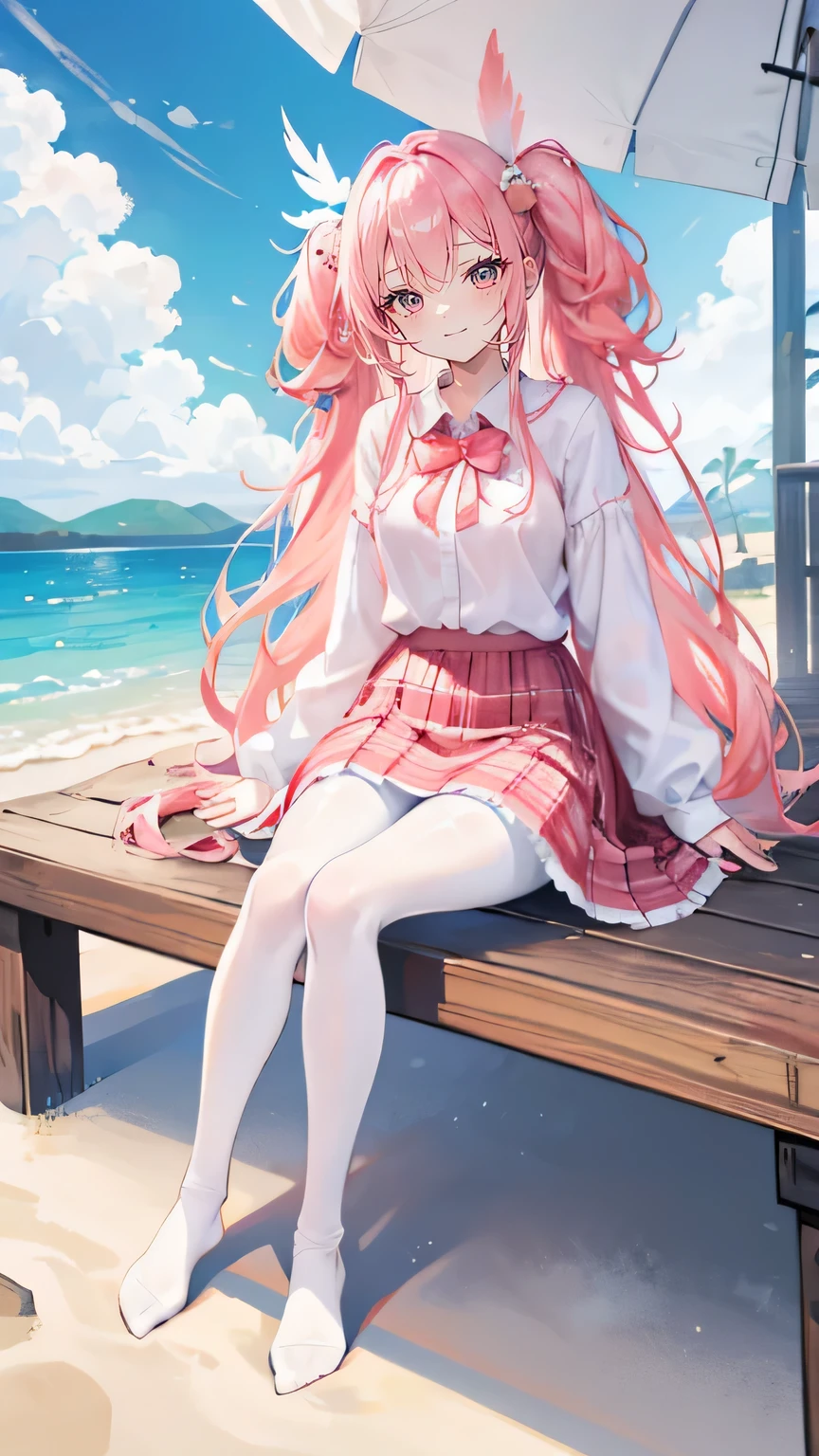 Coral pink hair,Long hair,hair over one eye,Gray eyes,feather hair ornament,cute,Girl,Happy and happy expression,laughing expression,Plaid skirt,No shoes on your feet,White silk pantyhose,White silk pantyhose,whole body,sit on the floor,Don't show your arms,The background is the beach,Blue sky and white clouds