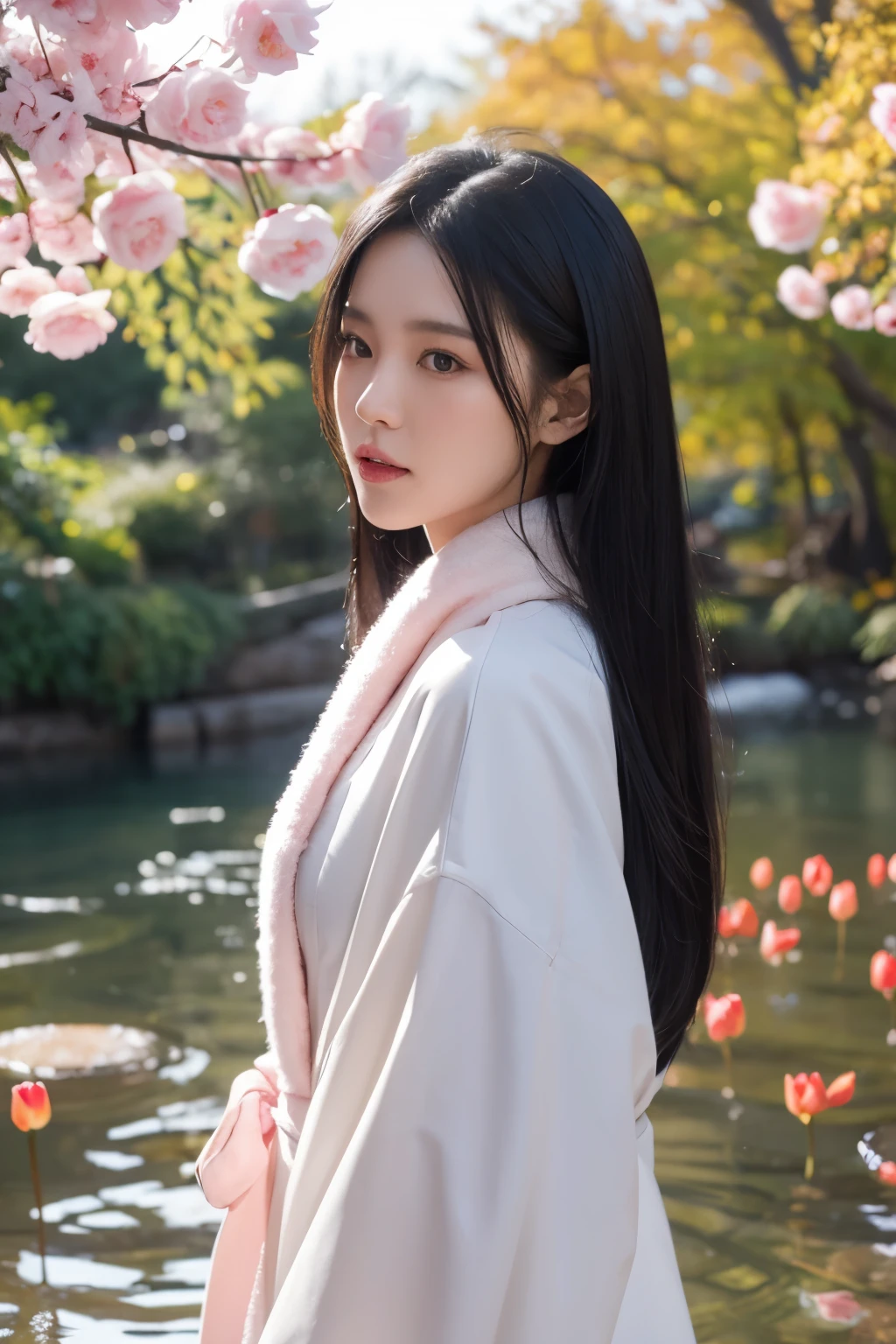 (white fox) ,(pink eyes) 48ก（Masterpiece，KHD，Hyper HD，48ก）black hairยาวสลวย，pond，Siding,teenage girl 18（Pleasing the girls）， （red scarf in the snow）， stand up， looking at camera， long white hair， floating hair， Chinese long sleeve silver battle robe， （Abstract water splash：1.2）， pink petals background，flying tulips（realistically：1.4），black hair，Autumn leaves sway，The background is pure.， High resolution， details， RAW photos， Sharp Re， Nikon D850 film stock photo by Jefferies Lee 4 Kodak Portra 400 F1 camera.6 shots, Various colors, Ultra realistically bright surface, incredible light, Unreal Engine Art Station Trends, Sinestir 800，black hairยาวสลวย，clear battle coat clothing