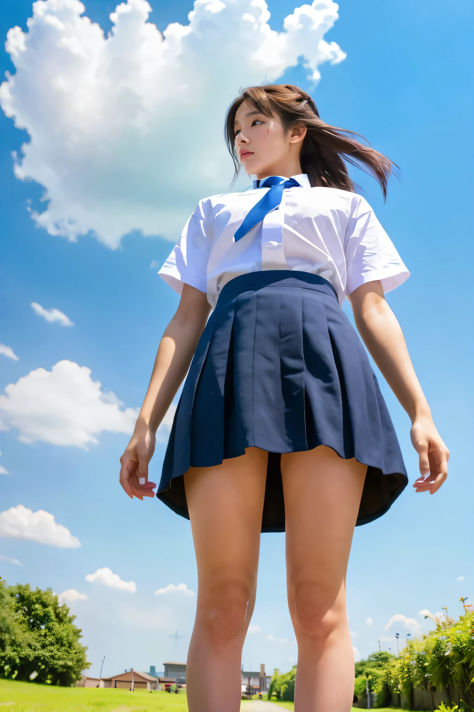 Raw photo:2、 highest quality、 Realistic:2、Photorealistic:2、masterpiece、Very delicate and beautiful、In detail、Ultra-detailed、High resolution、Textured skin、One Girl、(alone:2)、(alone:2)、Japanese 、18-year-old、(From the thigh up)、(Beautiful Face:1.5)、Adult face、expensive、Mid-breasted、Brown long hair、high school summer clothes、(Dark blue mini skirt)、White short sleeve shirt、tie、(barefoot:1.2)、(Black Loafers:1.2)、White panties、(sky seen from below:1.5)