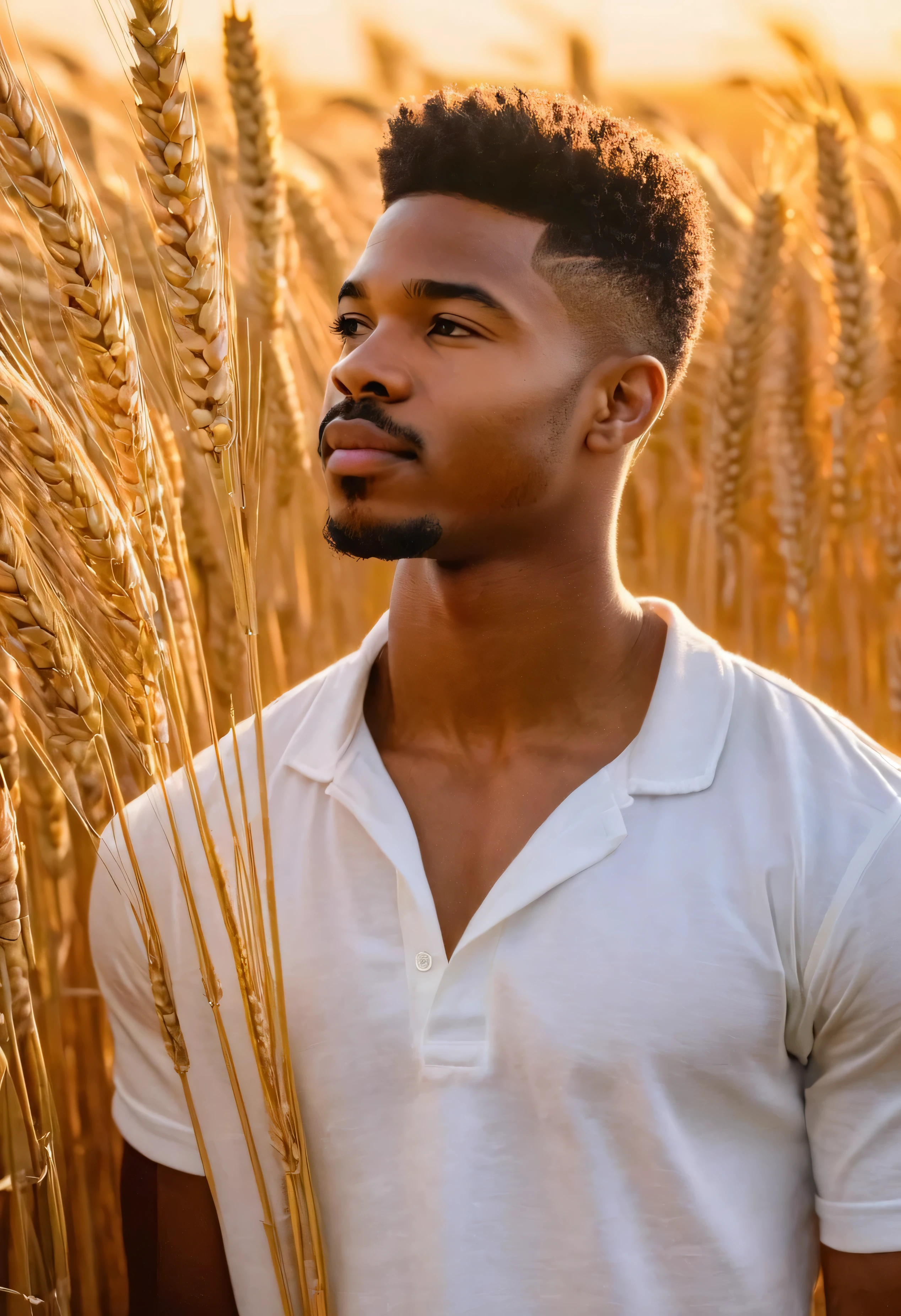 "Describe a picturesque scene of a golden field of wheat, where a young African american male, no older than 20, stands in the center. He is admiring a towering sheaf of wheat, while other sheaves around him bend gracefully. He's wearing a white shirt and black sweatpants with short well trimmed hair and a goatee, hes shirt has the 222 inscribed on it. The light The gentle sunset highlights not only the golden tones of the wheat, but also the serene expression on the young man's face, creating a warm and peaceful atmosphere."